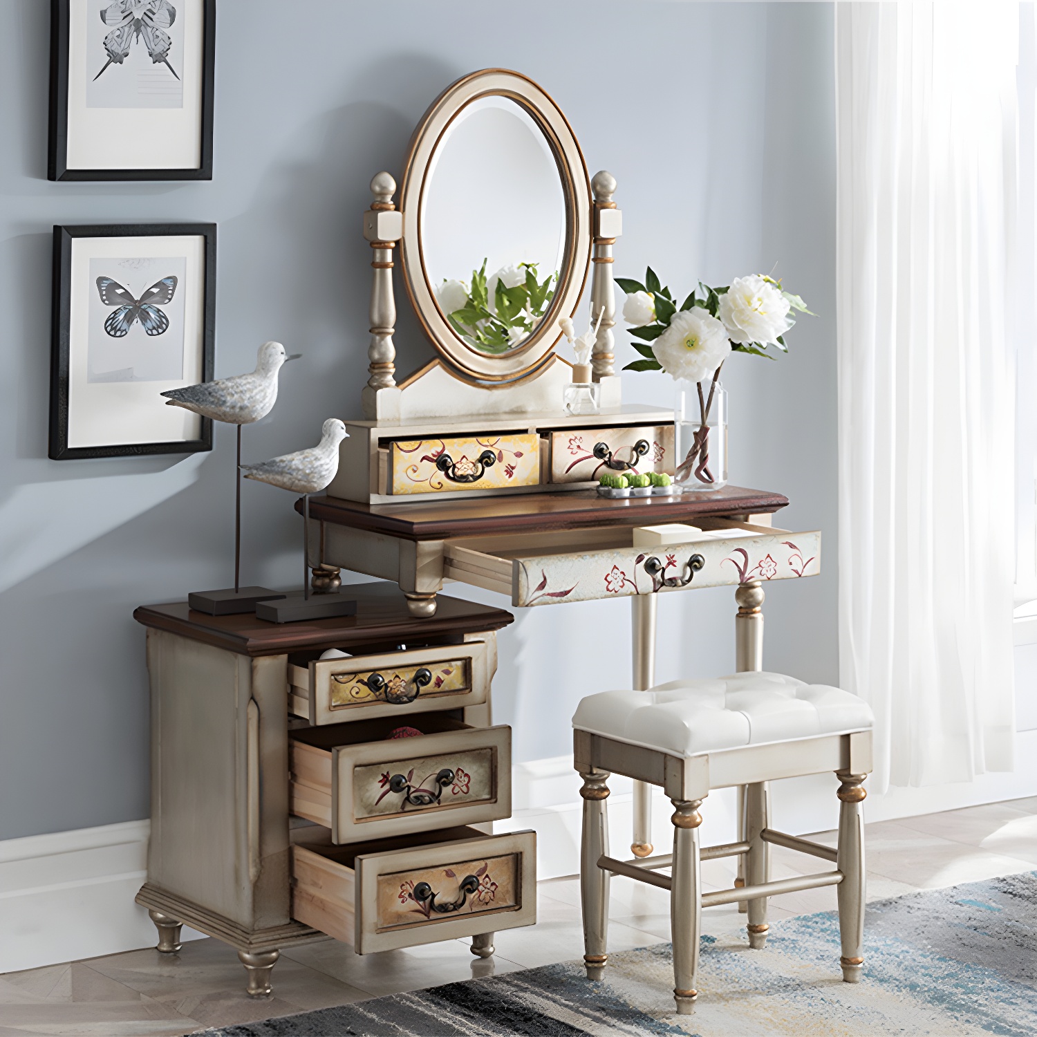 Victorian Vanity Set Solid Wood Drawers Included Makeup Dressing Table With Mirror & Stool - image 17