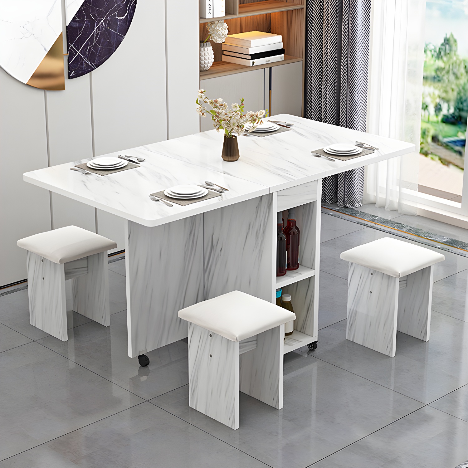 5-Piece Modern Wood Dining Set with Rectangle Table and White Backless Stools - image 4