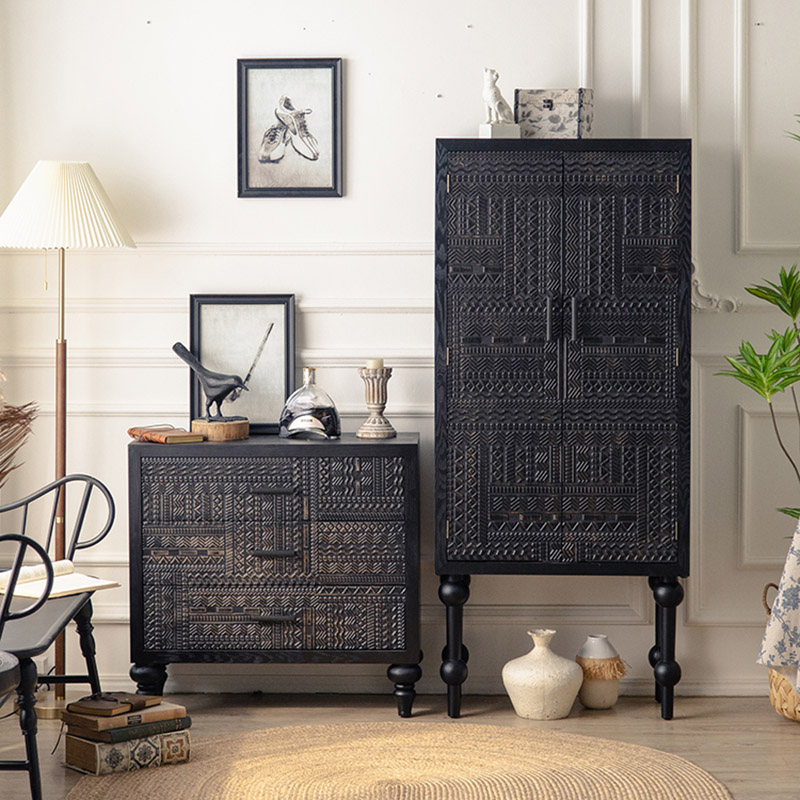 Modern Black Wood Console Cabinet with Cubby Storage and Wood Scoring & Rub Through Detailings - image 4