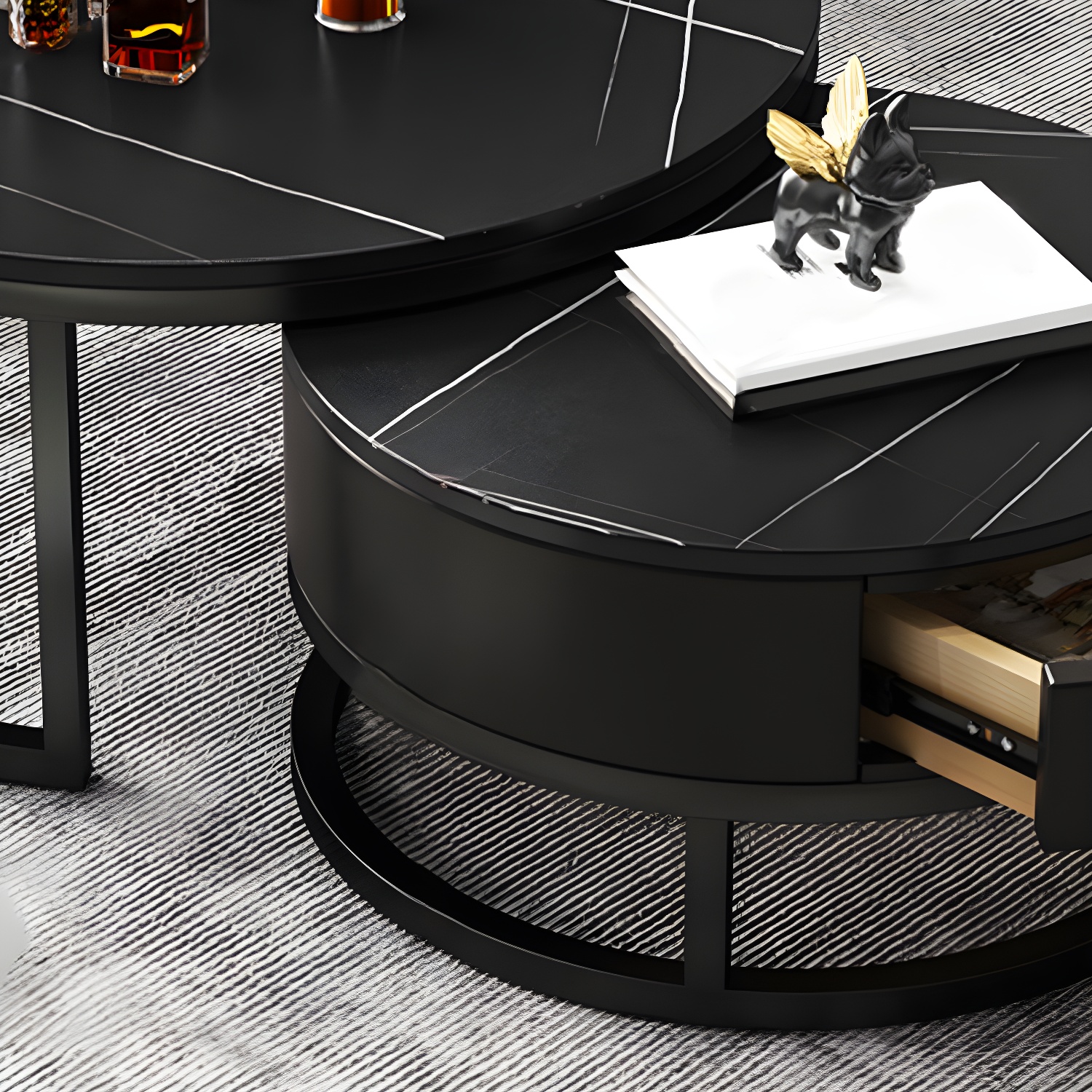 Modern Nesting Coffee Table Set Frame Round Coffee Table Set with Drawer - image 16