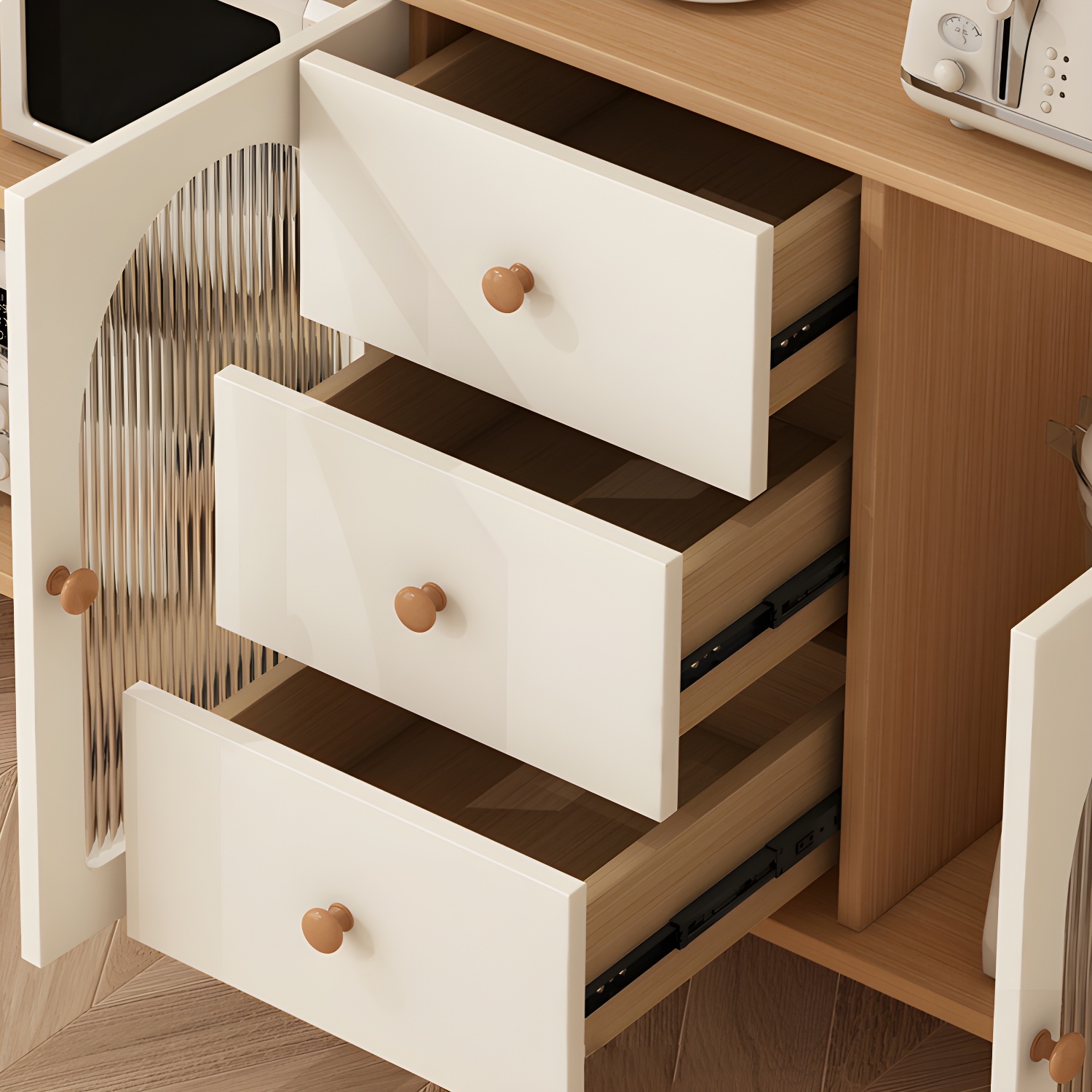 Scandinavian Wood Buffet 3 Cabinet Doors with Glass Interior Shelves - image 10