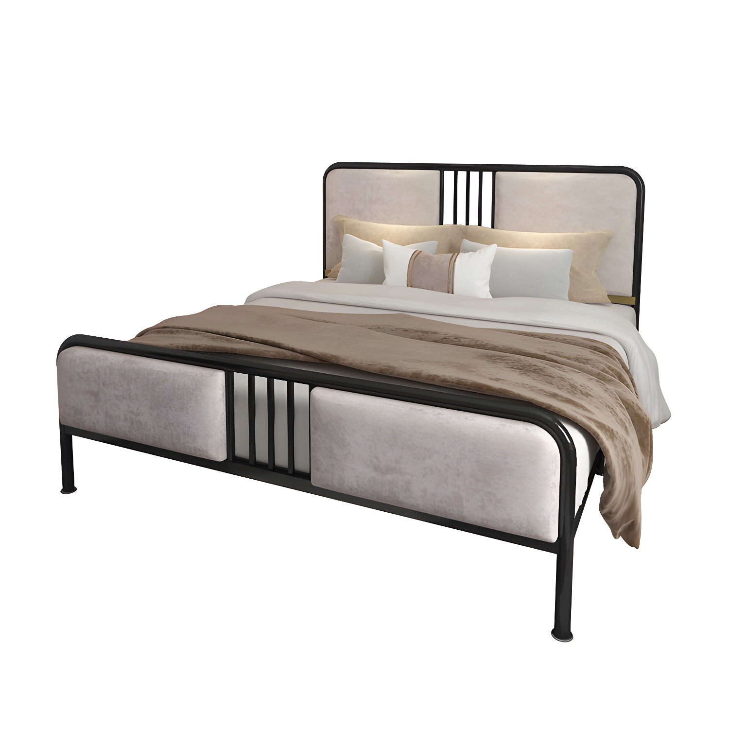 Glam Metallic Open-Frame Bed with Fabric Upholstered Headboard
