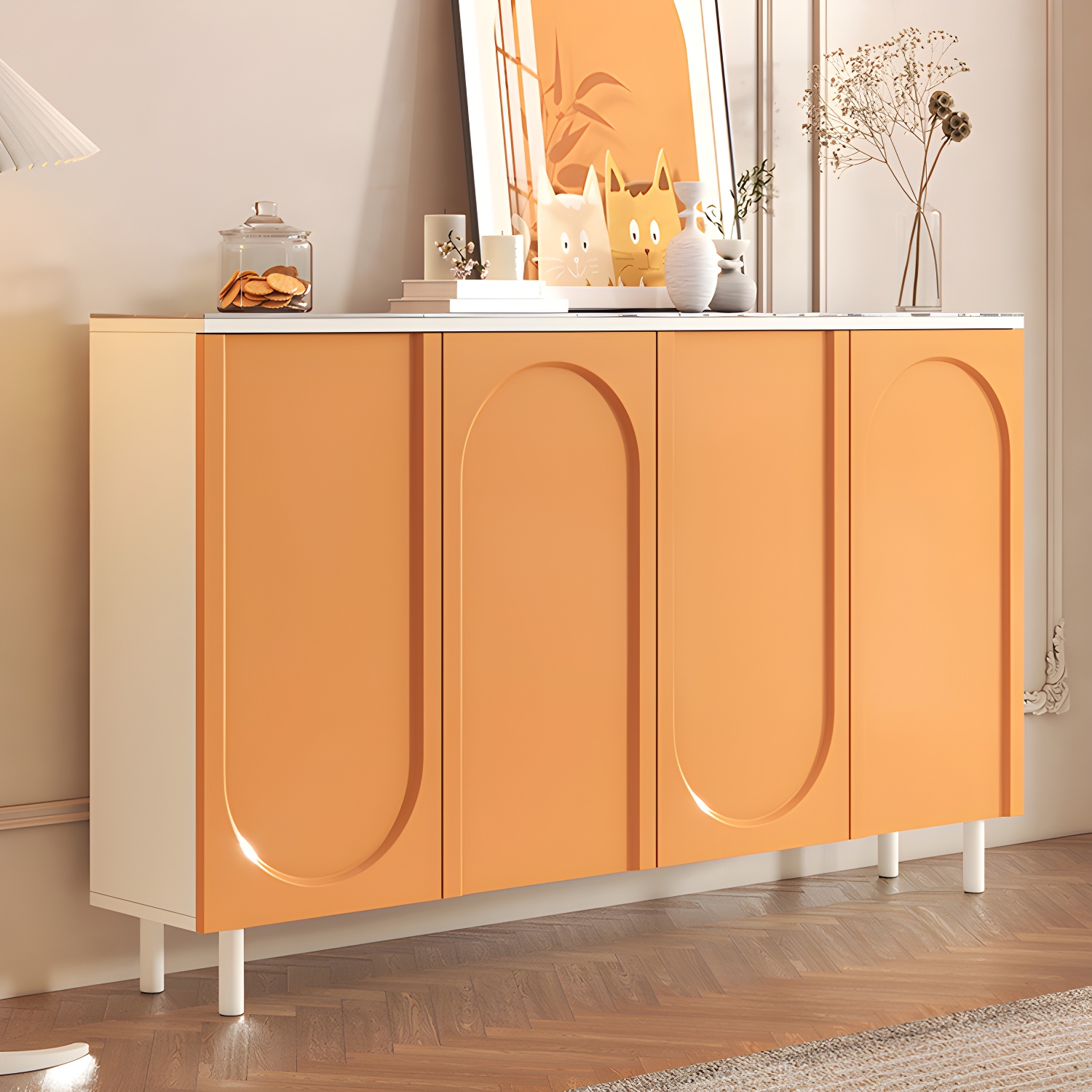 Scandinavian Wood Buffet Sideboard with Stone Countertop and Adjustable Shelves - image 6
