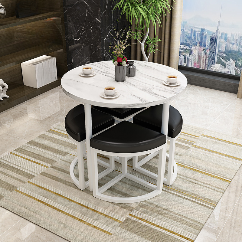 Reclaimed Wood Round Dining Table Set with Metal Toboggan Base and Upholstered Backless Chairs for 4 People - image 13
