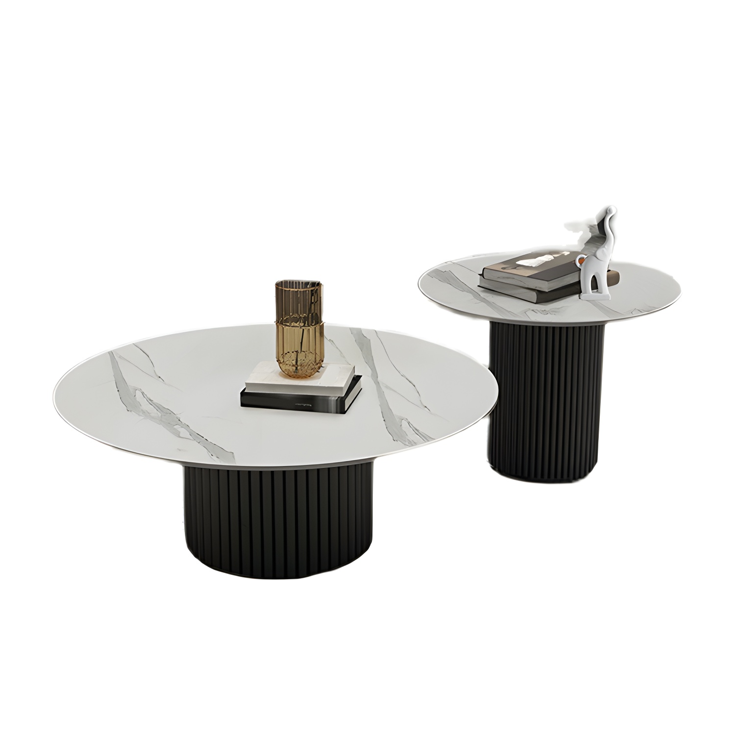 Set of Two Modern Round Black Coffee Tables with White Stone Tops and Iron Pedestal Bases - image 5