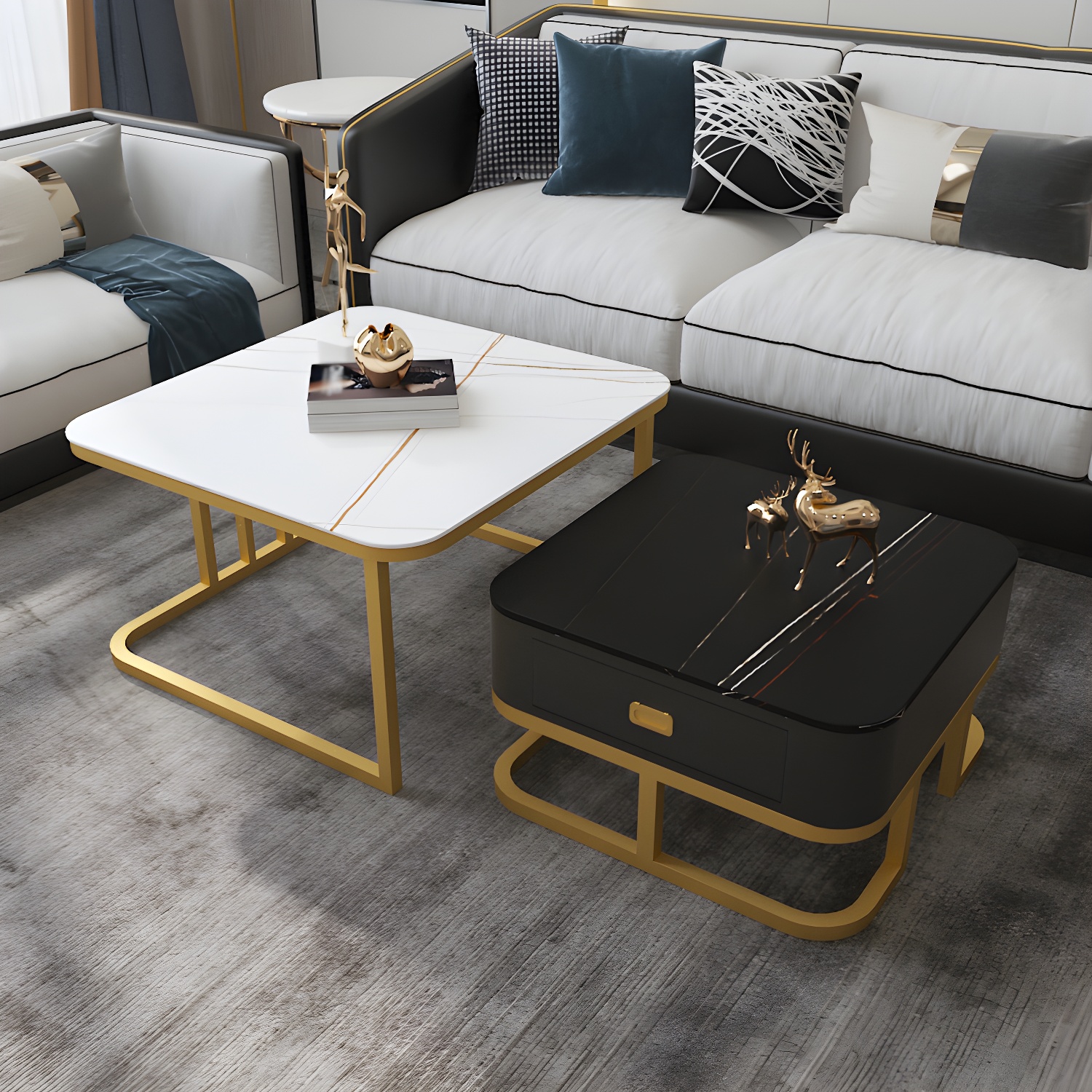 Round Slate/ Glass Coffee Table Frame 2 Nesting Cocktail Table with Storage - image 6
