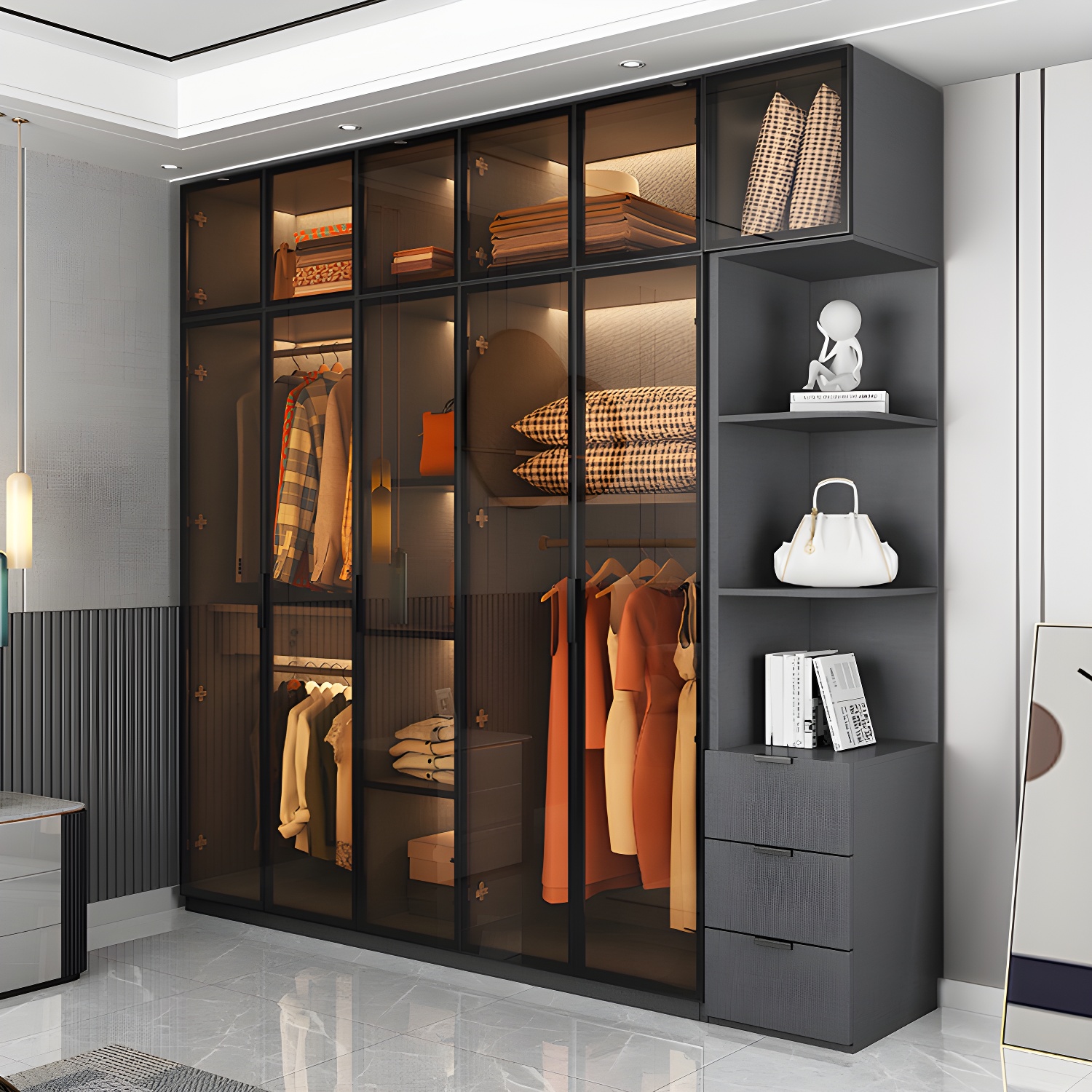 Modern Glass Wardrobe Cloth Rod Included Wardrobe Closet without Light - image 14