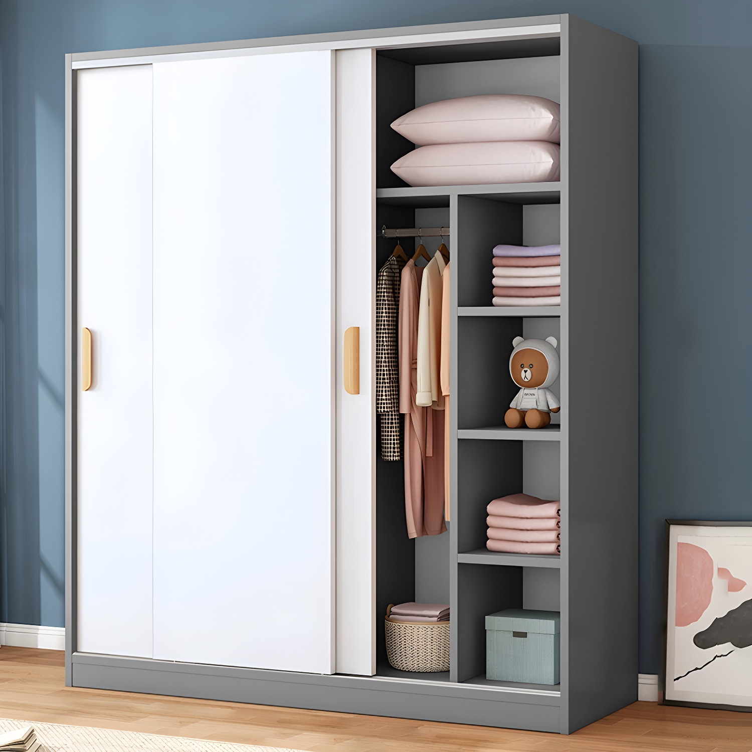 Contemporary Wood Wardrobe Armoire with Sliding Doors, Clothing Rod, and Interior Shelves - image 7