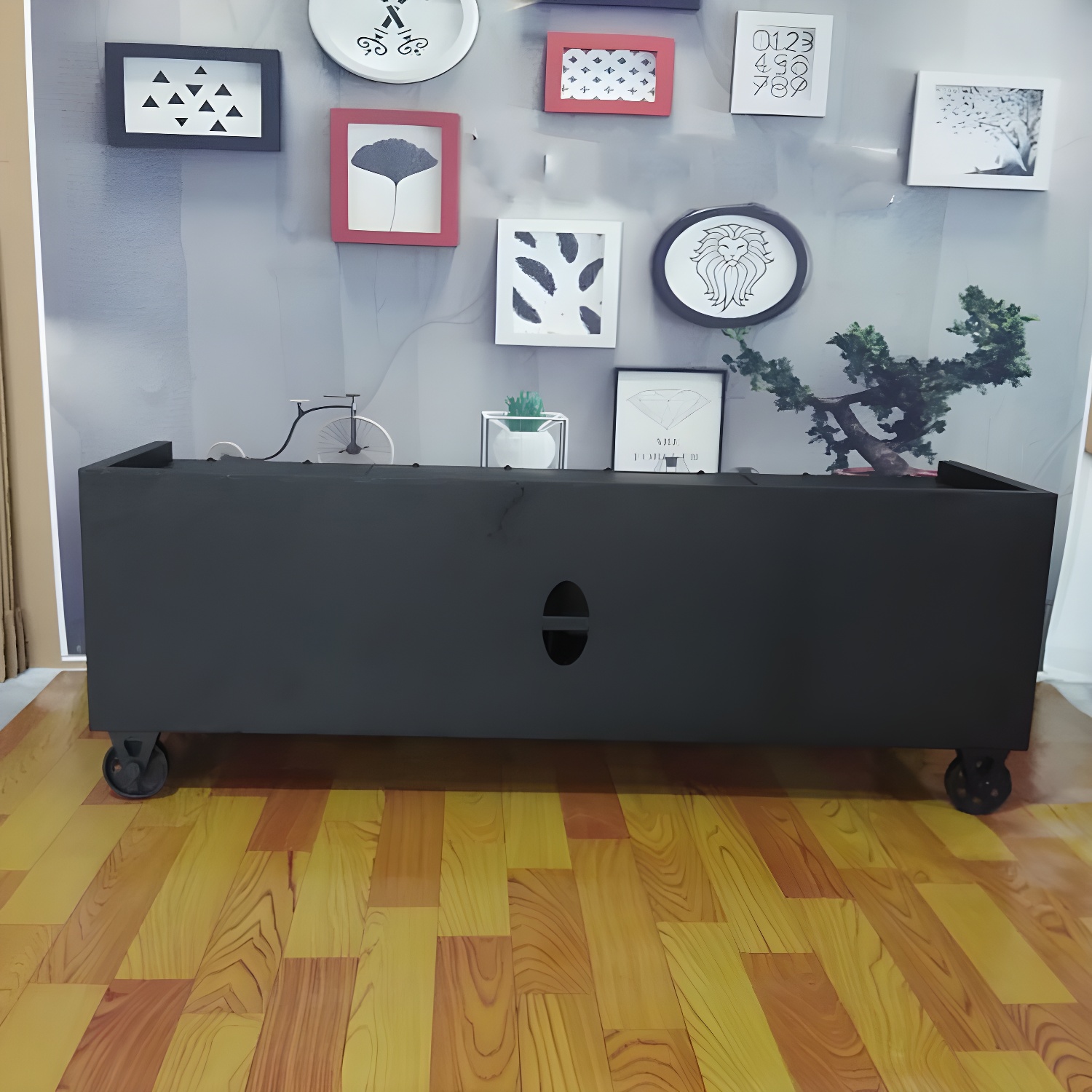 Metal Black TV Cabinet Industrial Style Home TV Stand Console with Casters - image 9