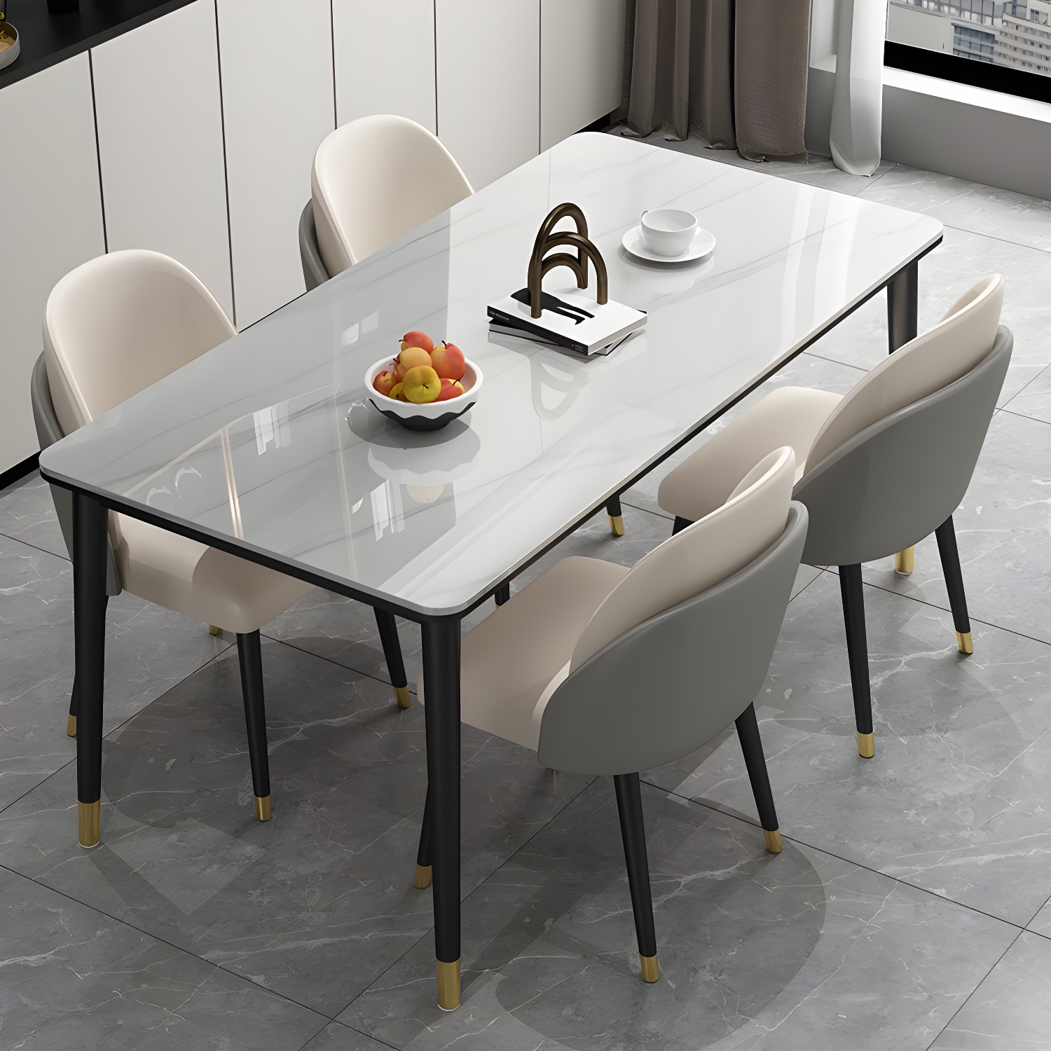 Glam Iron Dining Table Set 1/2/5/7 Pieces Rectangle Dinette Set with Sintered Stone Top