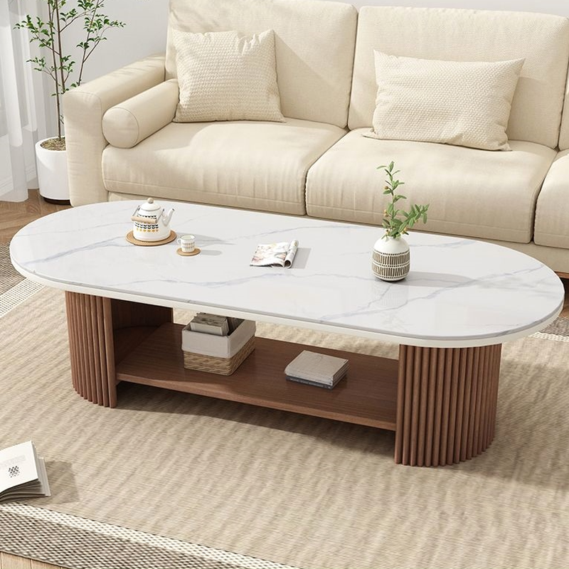 Oval Natural Wood Coffee Table with Twin Support Base, Repository, and 1 Shelf - image 4