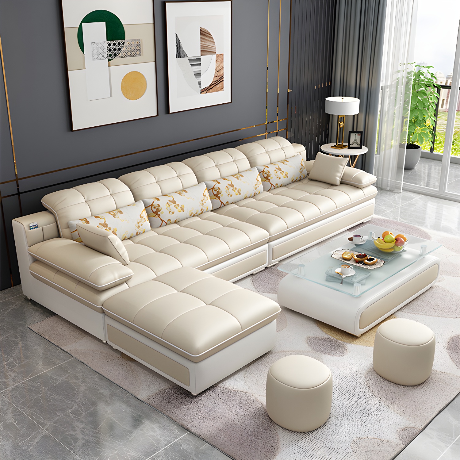 Contemporary Faux Leather Sofa & Chaise Biscuit Back Pillow Top Sofa - image 4