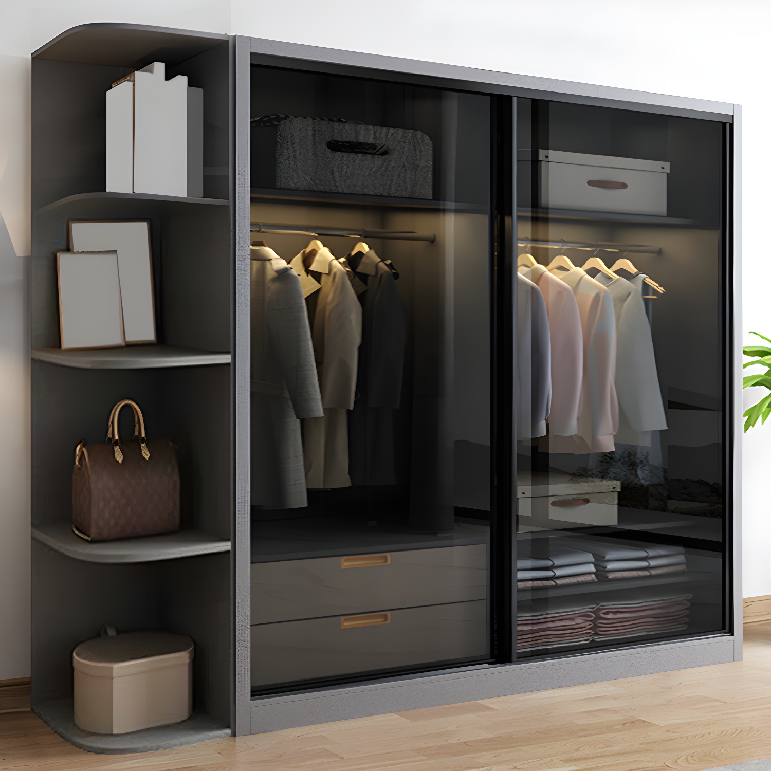 Contemporary Wood and Tempered Glass Wardrobe Freestanding Wardrobe Armoire without Light - image 10