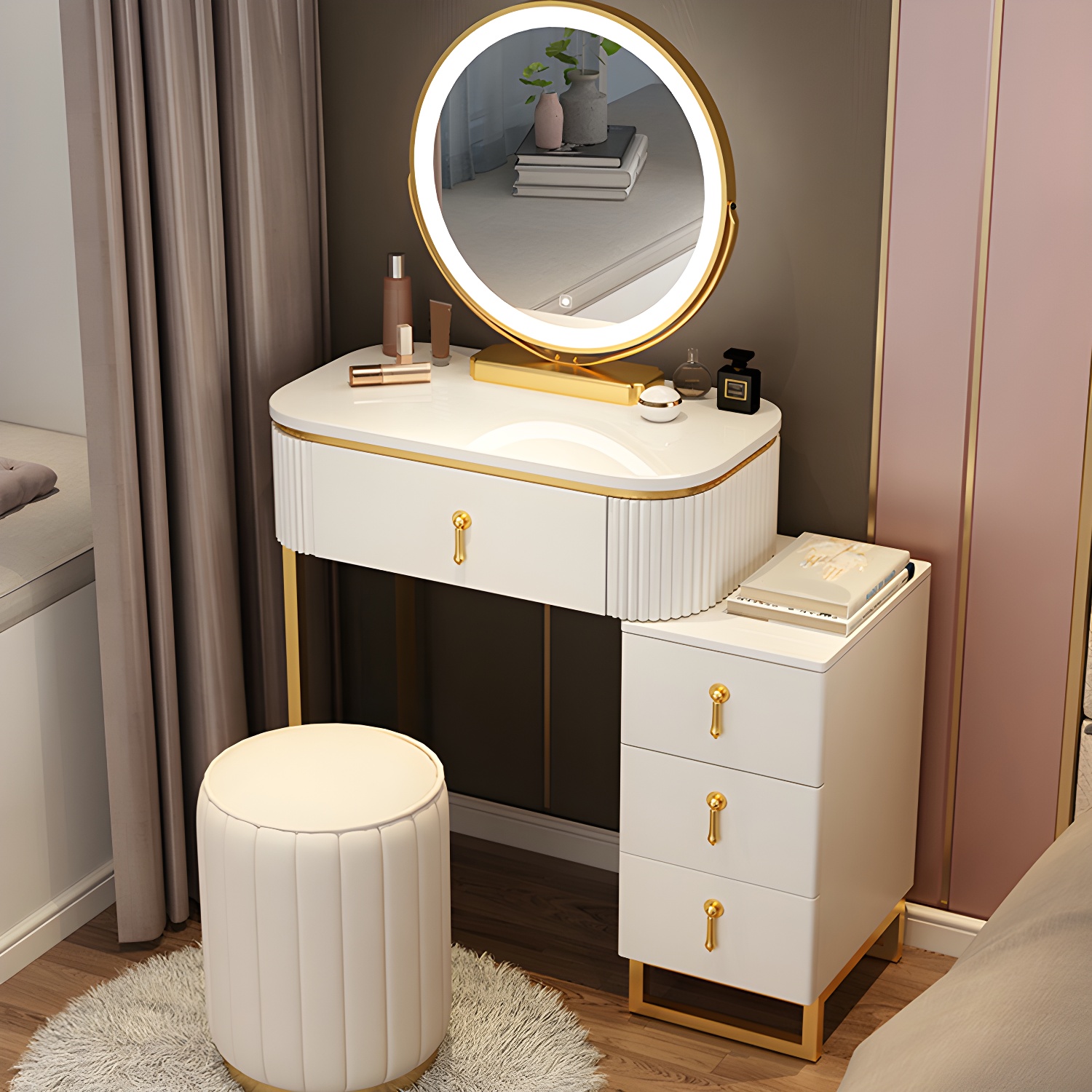 Lighted Mirror Makeup Vanity Desk with 4 Drawers Glam Makeup Vanity Set - image 4