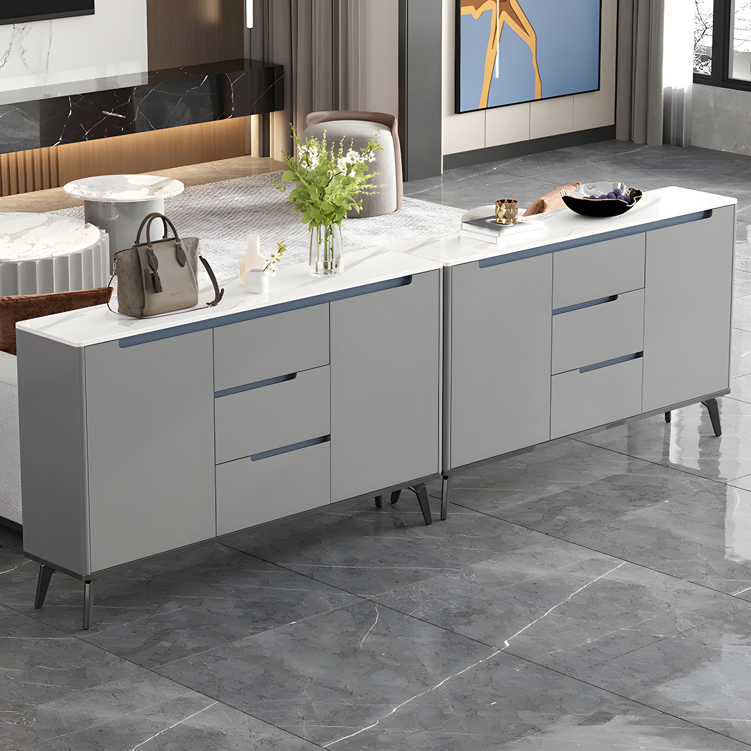 Modern Antique Finish Credenza 3 Drawer Sintered Stone Sideboard Cabinet - image 6