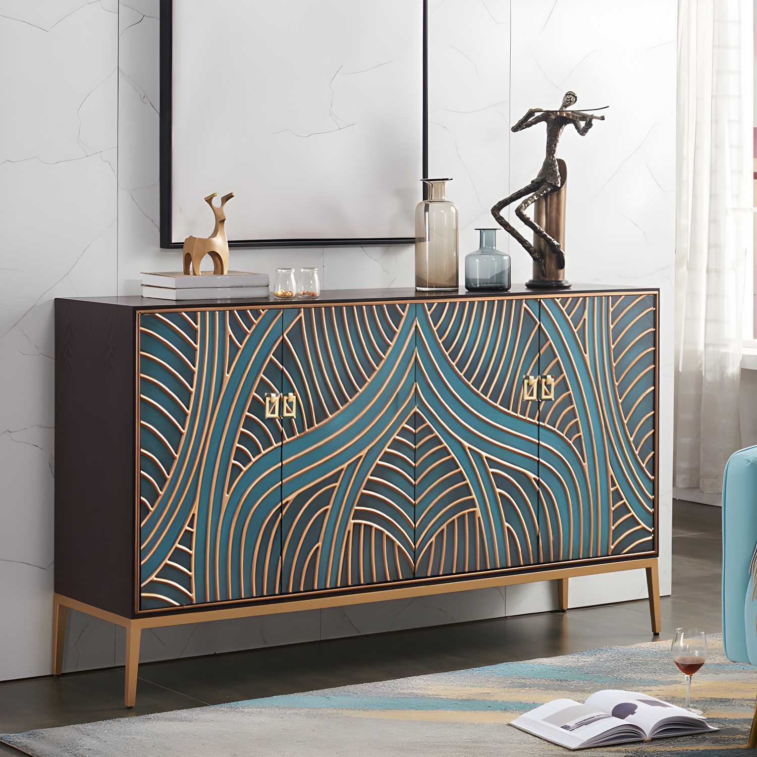 Gold Legs 35.4" High Sideboard Cabinet Glam Style Wood Buffet Table - image 4