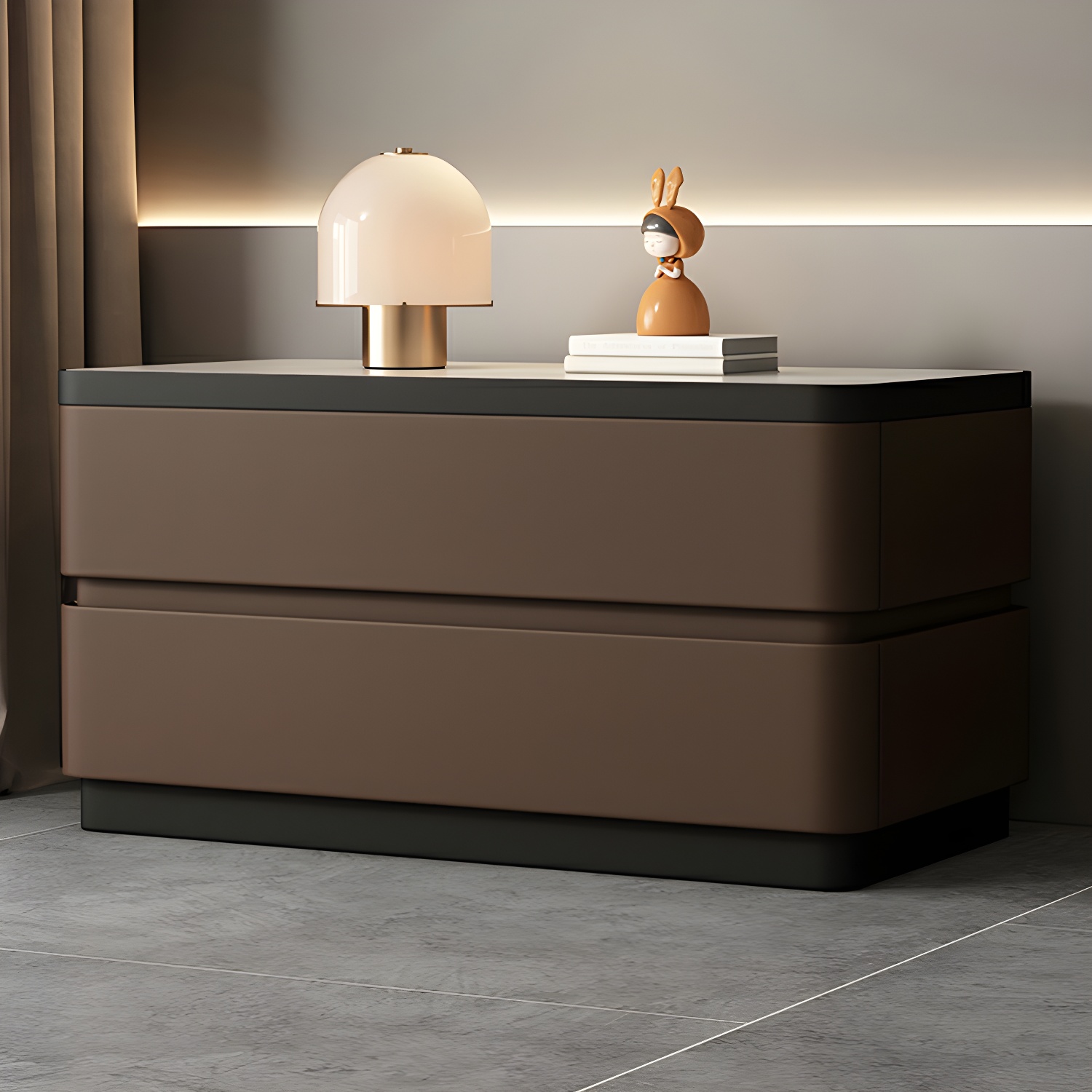 Modern Faux Leather Nightstand with 2 Drawers and Stone Countertop for Bedroom - image 3