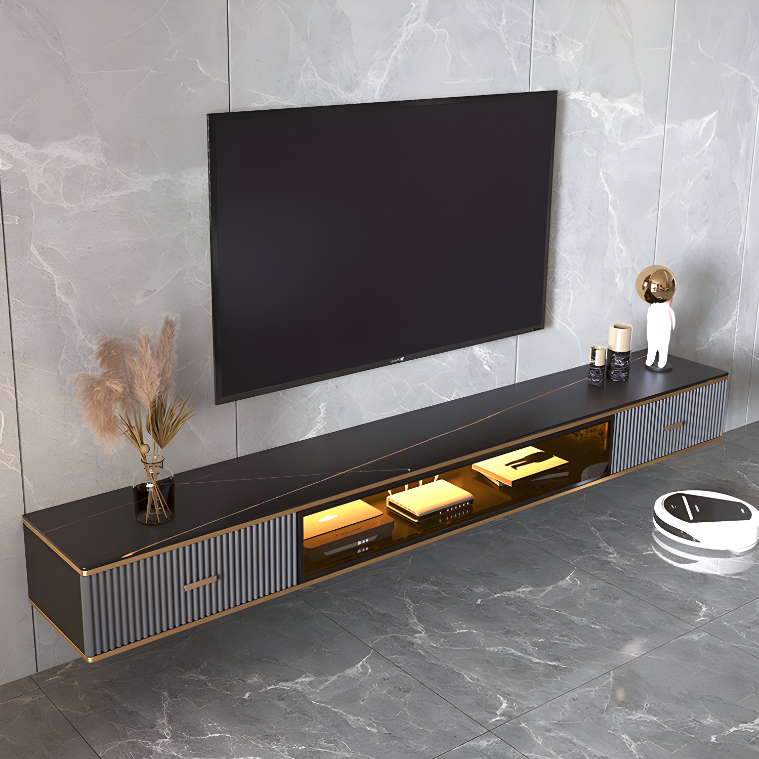2 Drawers Contemporary TV Stand Stone Wall-mounted TV Cabinet - image 5
