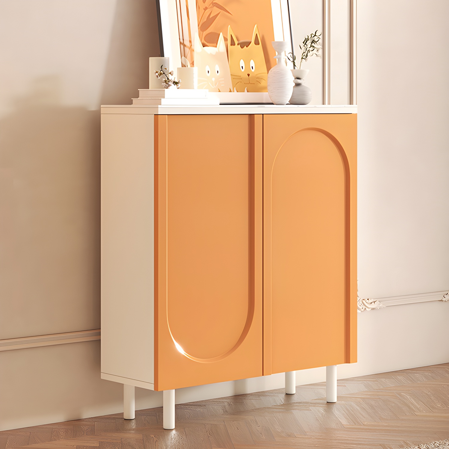 Scandinavian Wood Buffet Sideboard with Stone Countertop and Adjustable Shelves