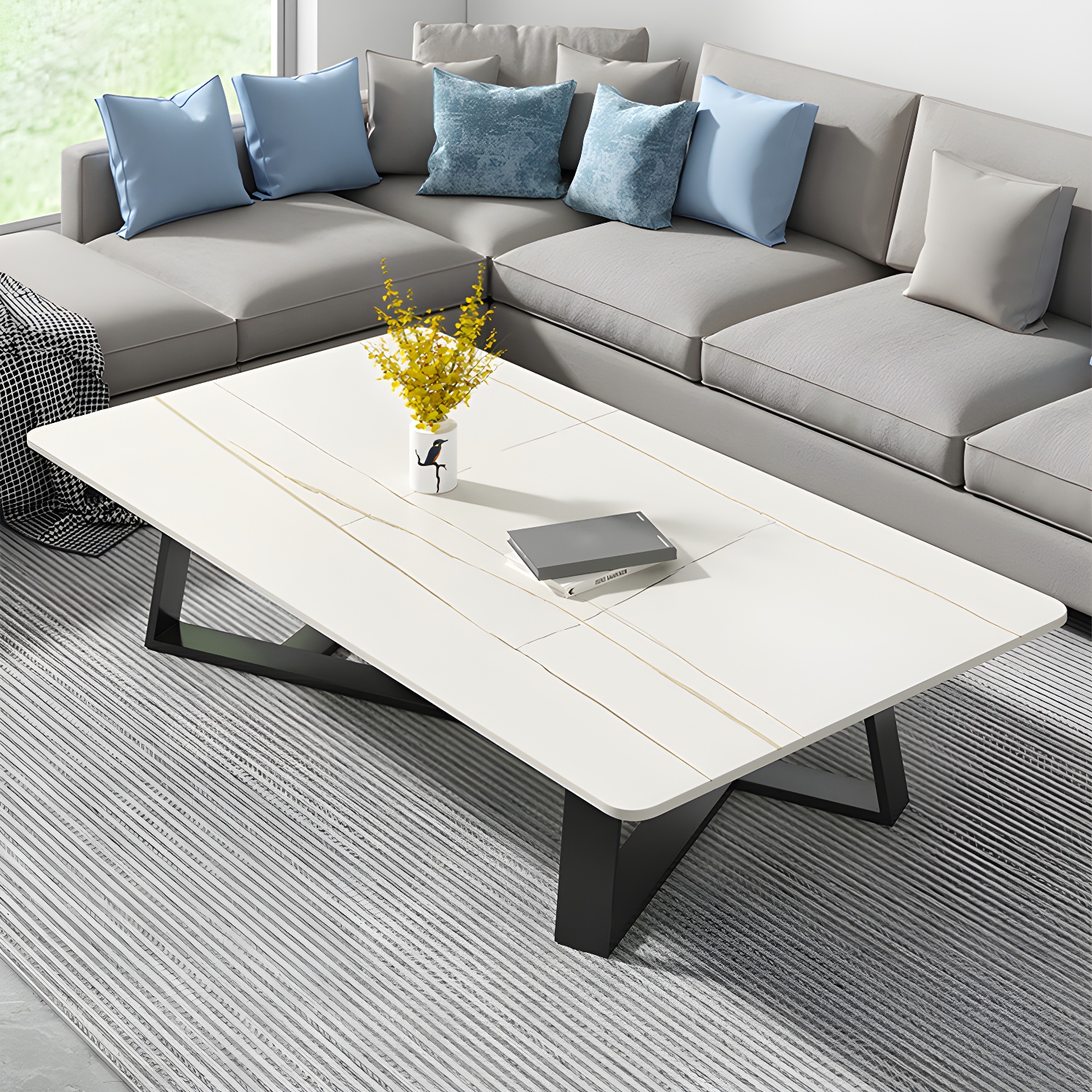 Modern Rectangle Coffee or End Table Stone and Steel Coffee Table with Cross Legs - image 12