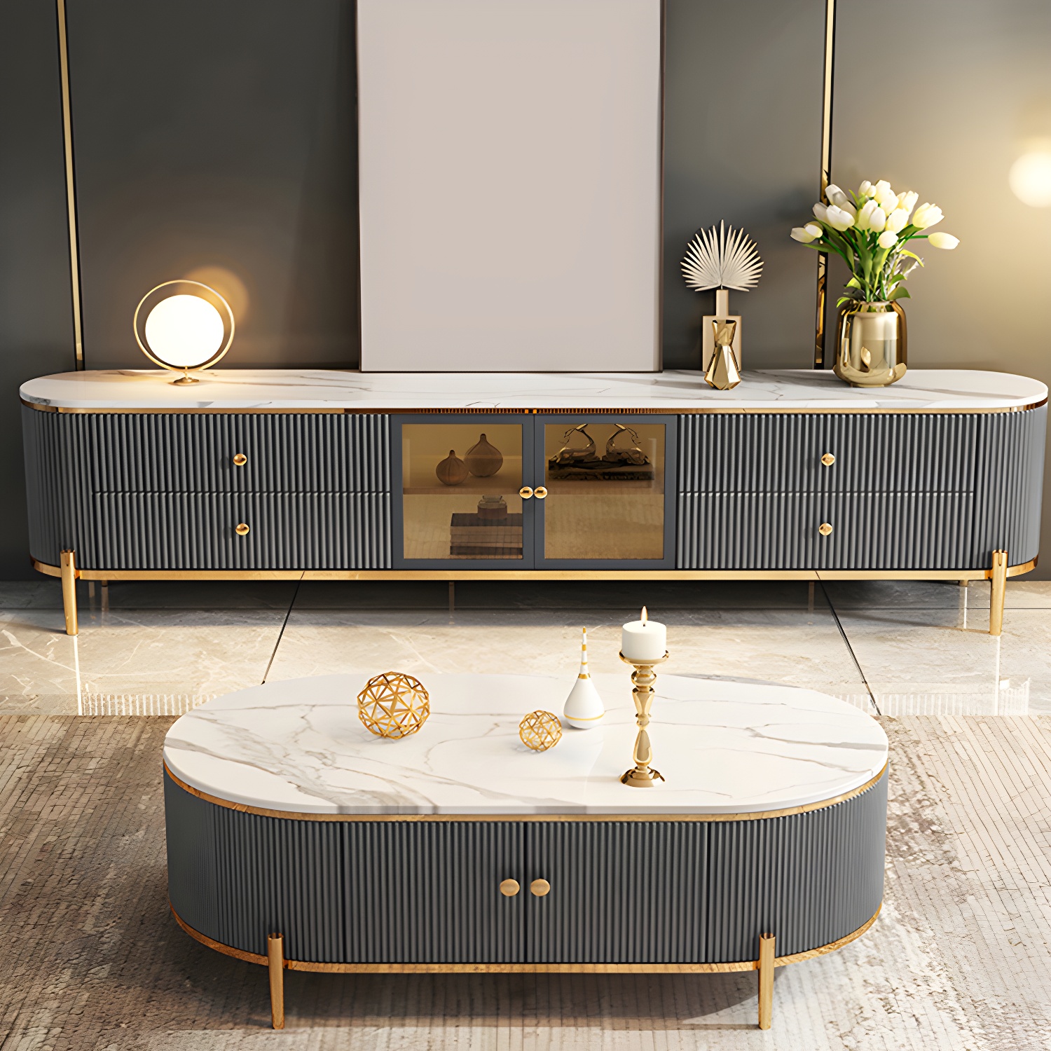 Modern TV Media Console Stone TV Stand Console with 4 Drawers - image 5