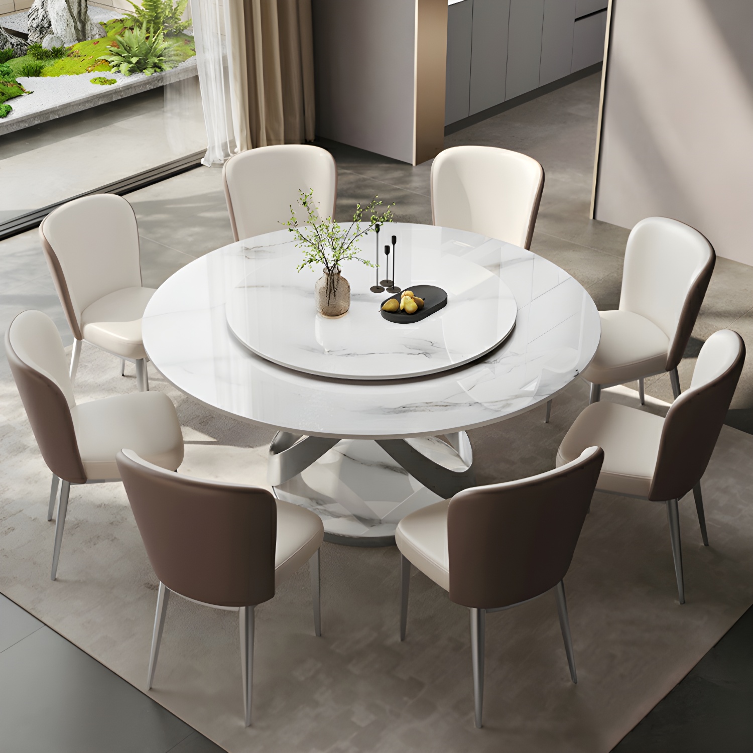 Stunning White Stone Round Dining Table with Lazy Susan and Silver Steel Pedestal Base - image 10