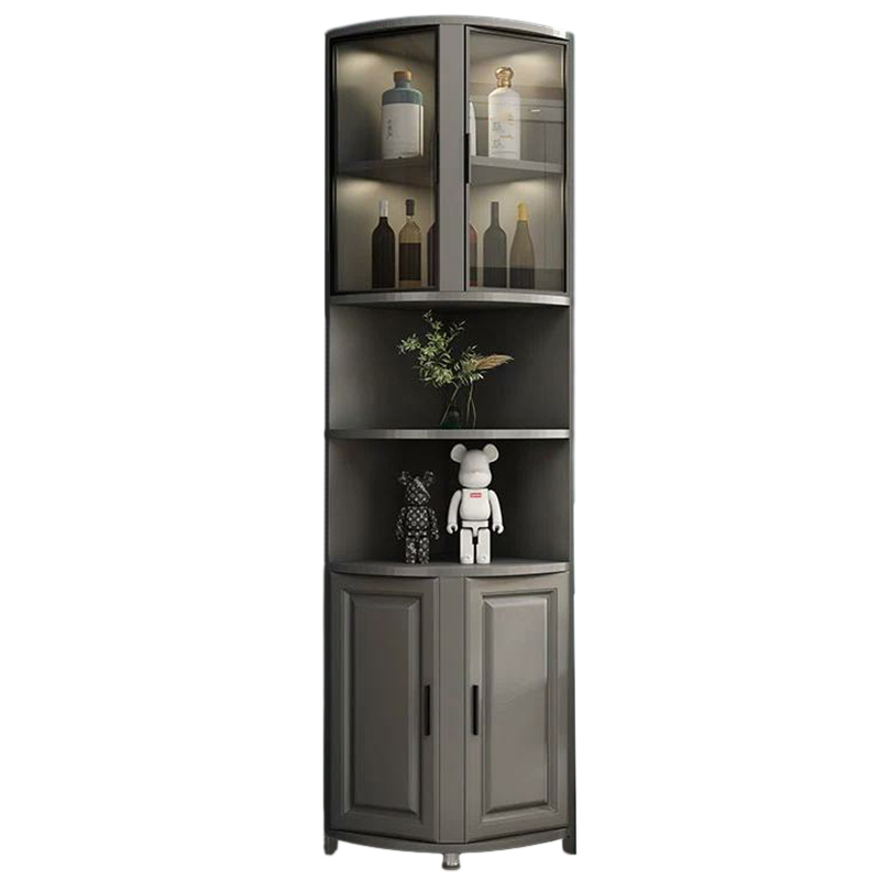 Modern Grey Corner Accent Cabinet with Gold Metal Base and Glass Doors - image 3