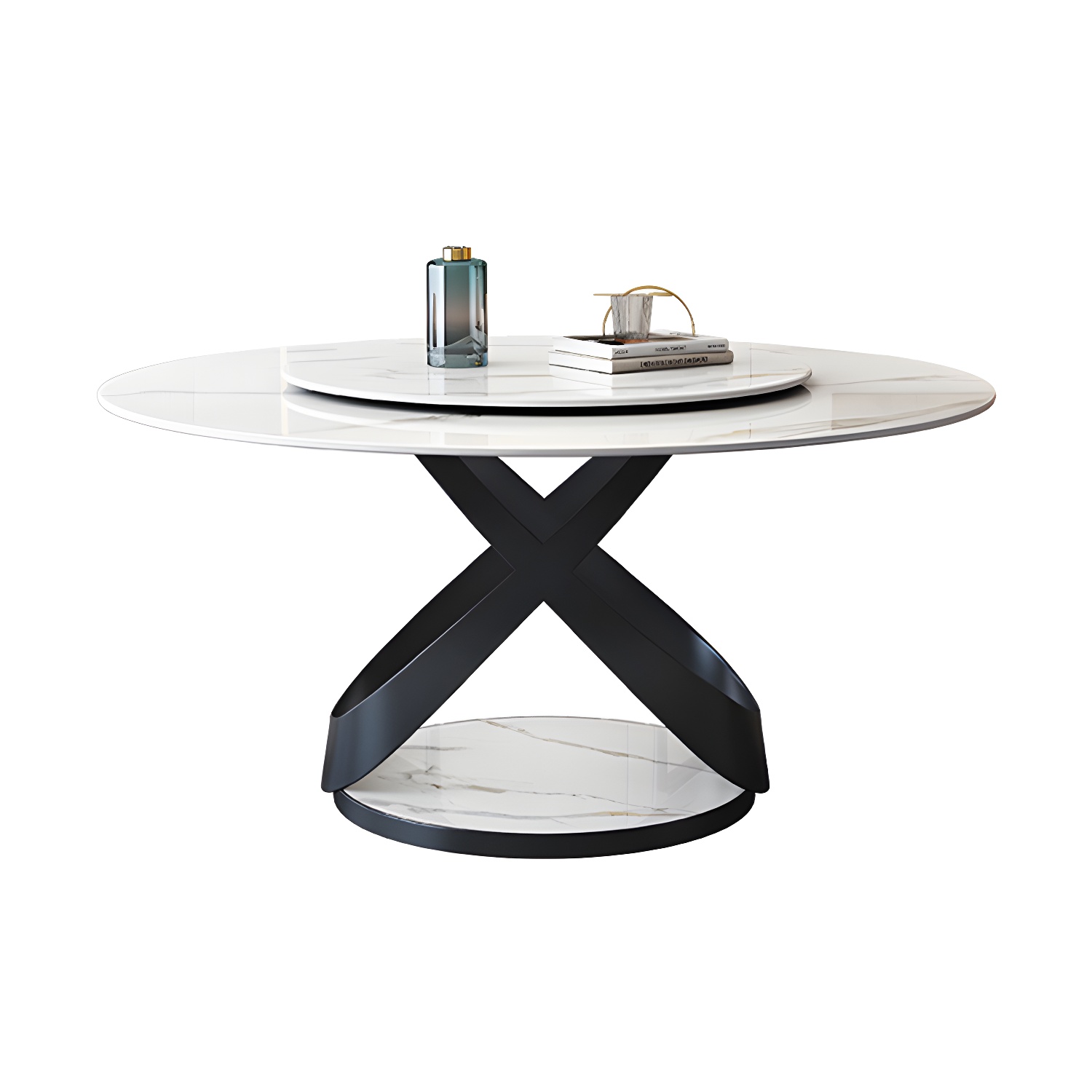 Modern Round Stone Top Lazy Susan Dining Table with Black Steel Pedestal - image 8