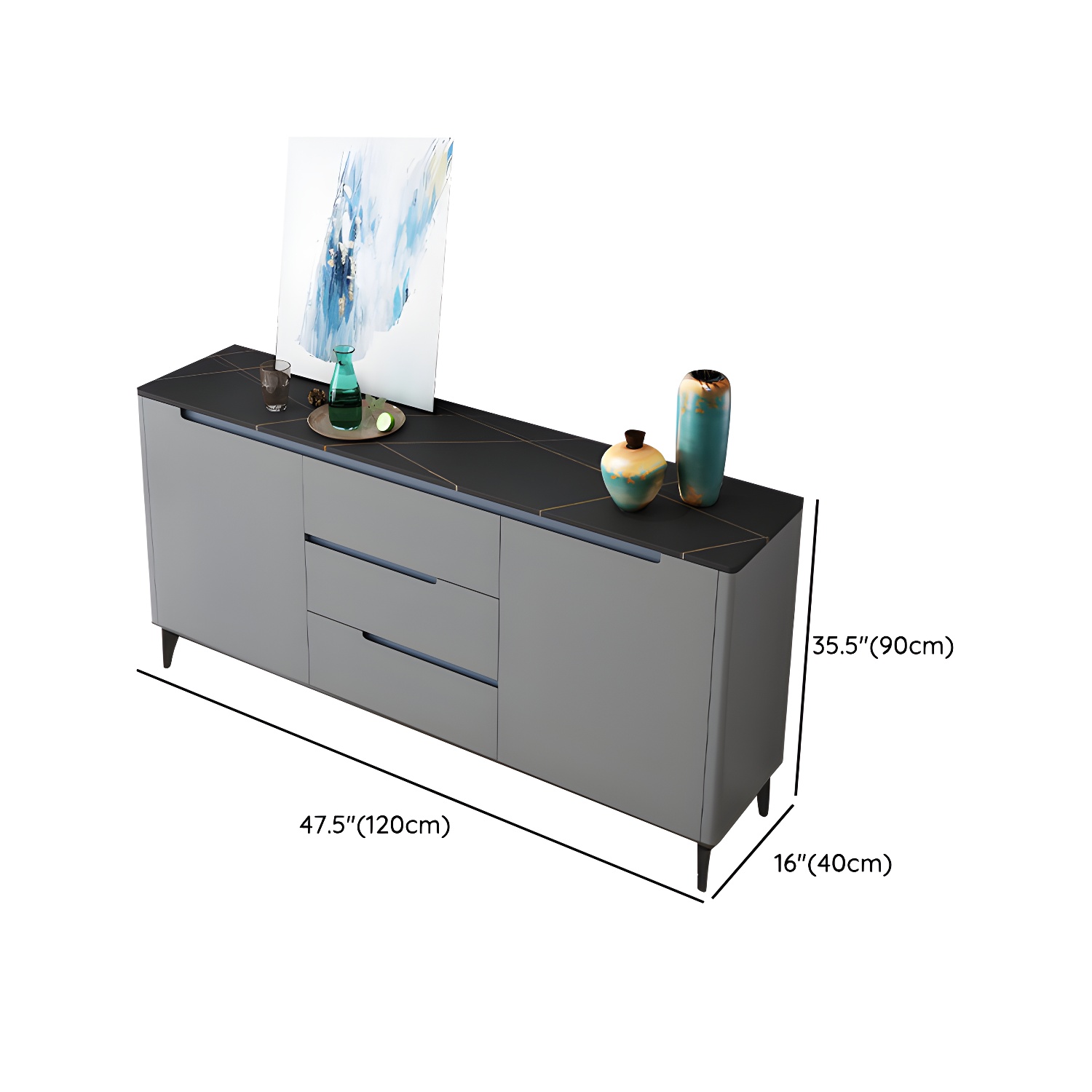 Modern Antique Finish Credenza 3 Drawer Sintered Stone Sideboard Cabinet - image 22