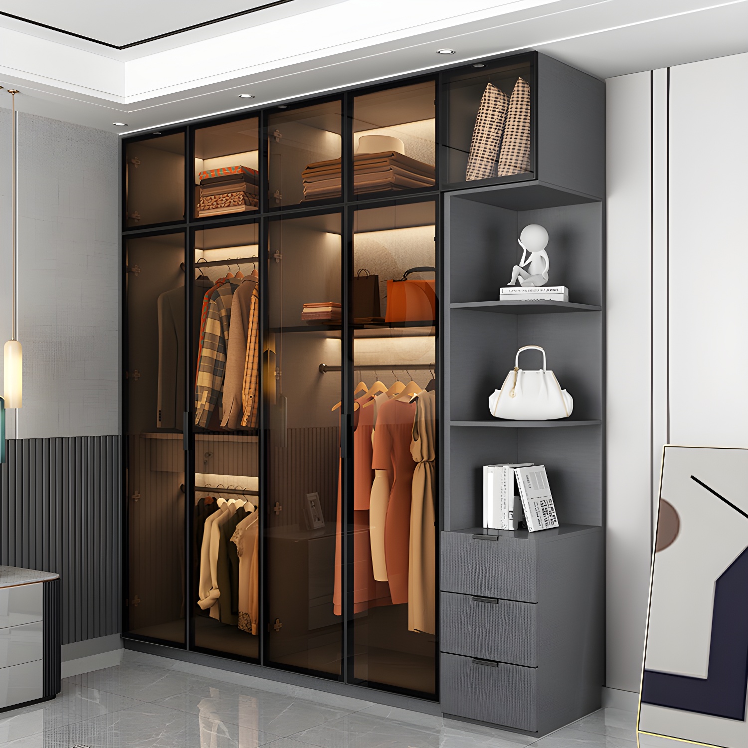 Modern Glass Wardrobe Cloth Rod Included Wardrobe Closet without Light - image 15