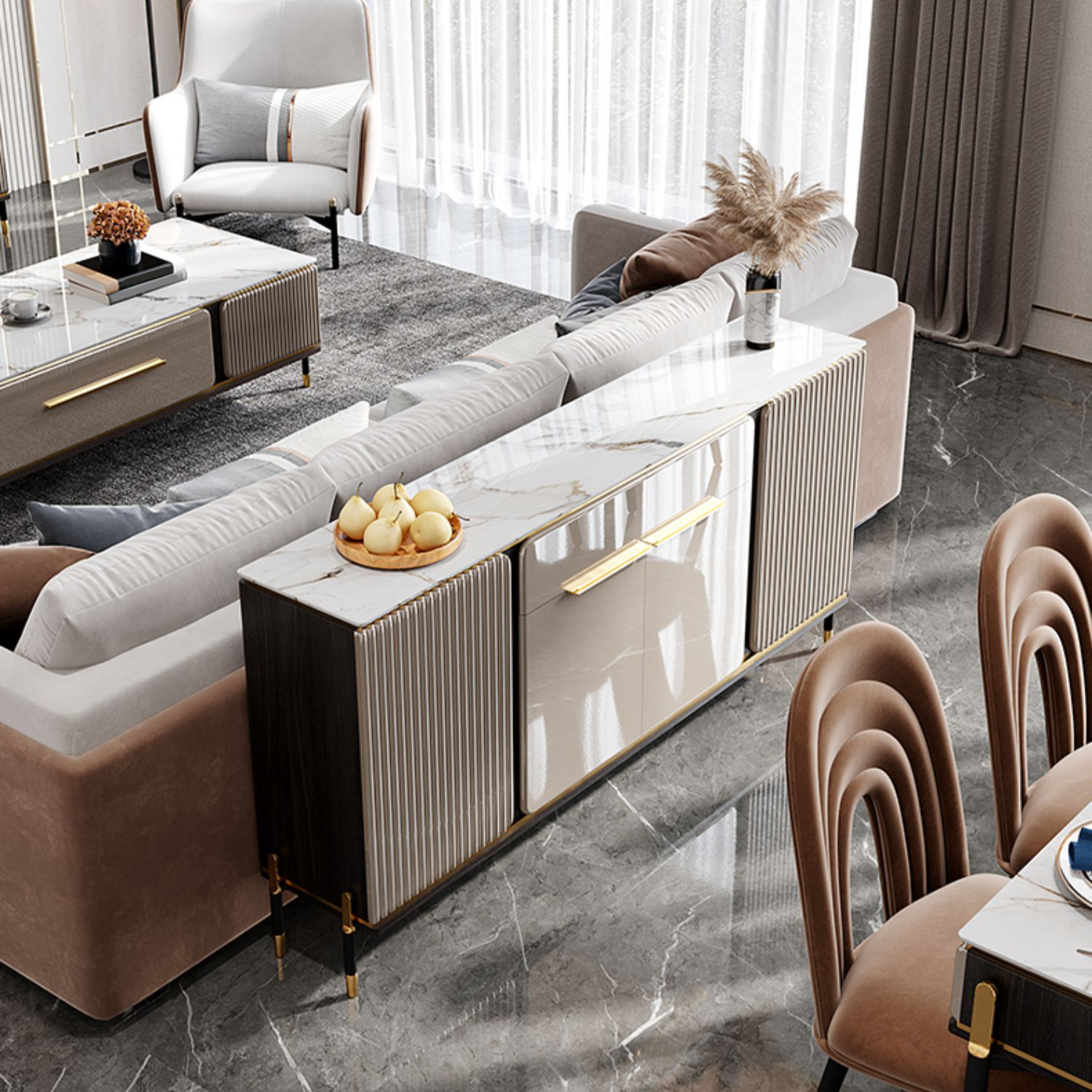 Stone Buffet Sideboard Glam Adjustable Shelves Buffet Credenza with Drawers and Cabinets - image 4