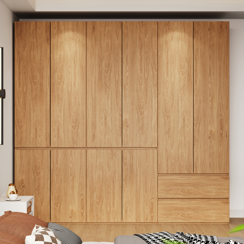 Wood Grain Minimalist Wooden Wardrobe Closet with Soft Close Drawer, Soft Close Door, Interior Shelves, and Clothing Rod