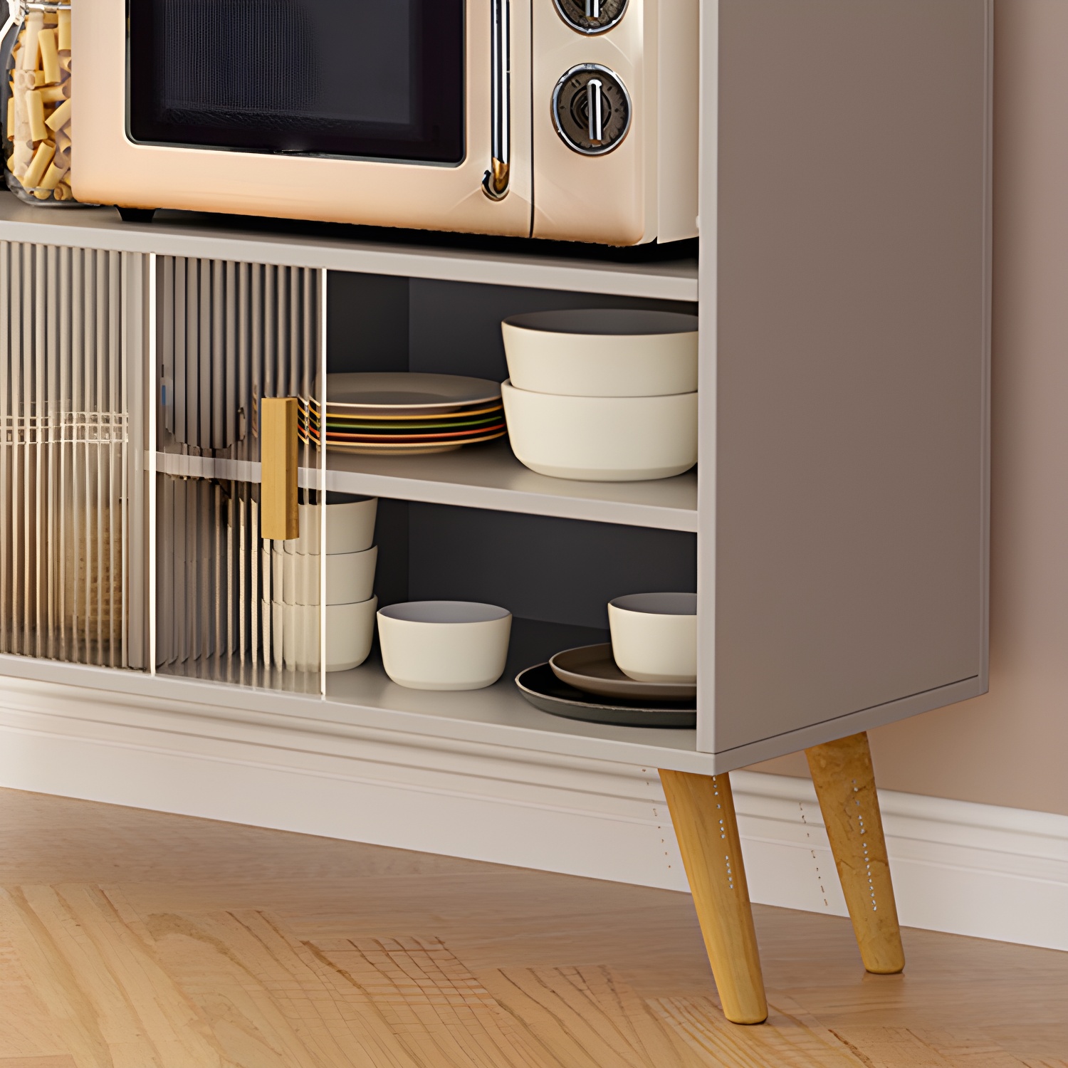 Scandinavian Wood Buffet Table with Acrylic Sliding Doors and Cabinet - image 15