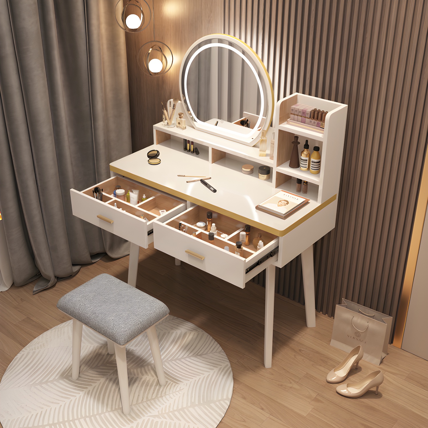 Traditional Bedroom With Drawer Solid Wood Lighted Mirror Make-up Vanity - image 5