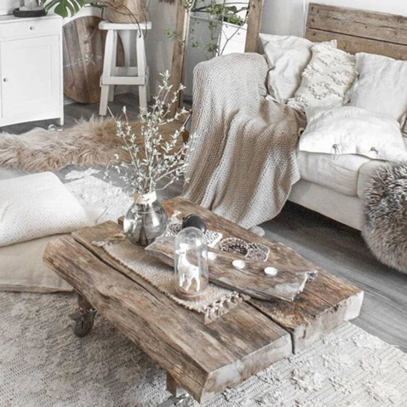 Classic Weathered Wood Wagon Wheel Pine Square Coffee Table with Rotating Roller Wheels for Home