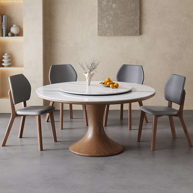 Dining Table Set with Rounded Stump Base, Fixed Table, Padded Chair, Back, 5-piece in White