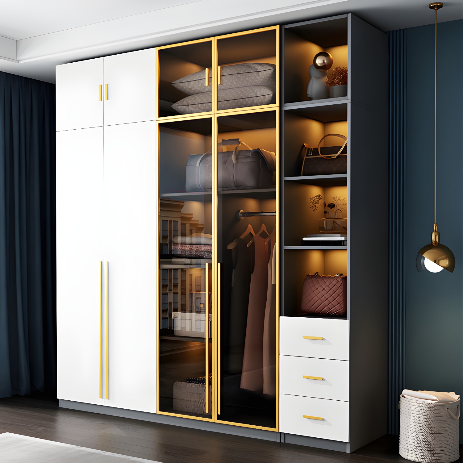 Contemporary Color Block Glass Doors Combination Armoire with Shelves Storage