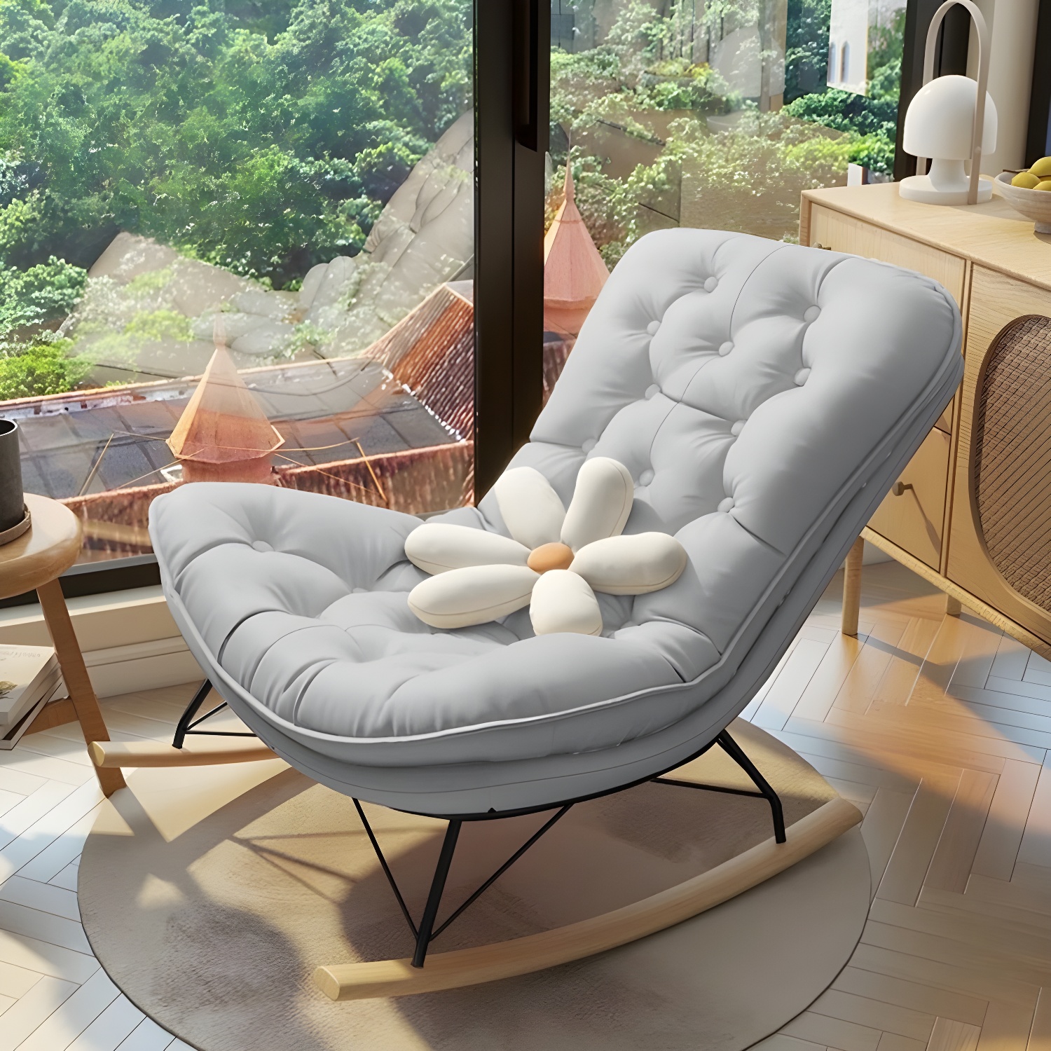 Contemporary Rocking Chair with Spindle Back, Tufted Upholstered and Wood Legs - image 4
