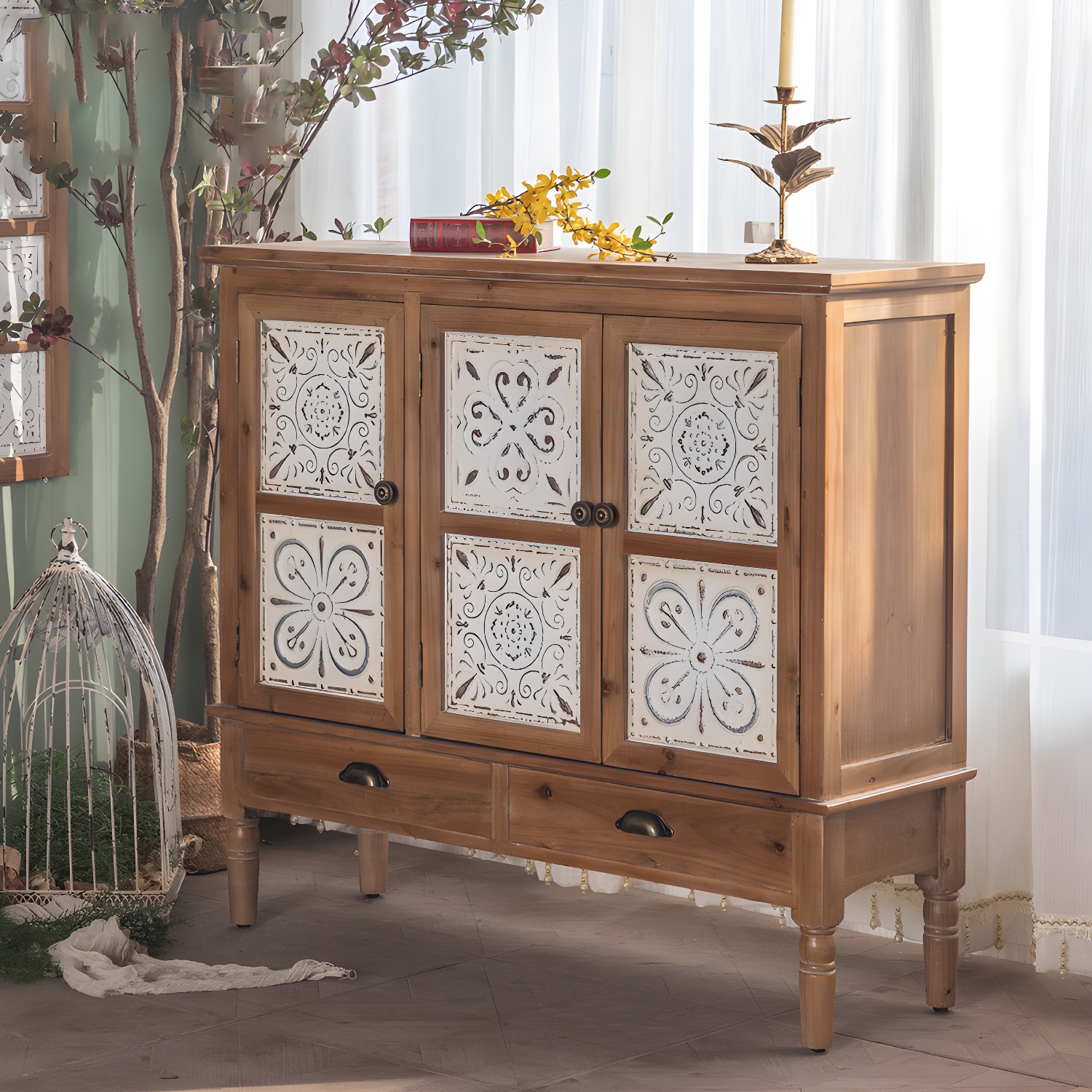 Industrial Accent Cabinet in Natural with Solid Wood Door and Drawers