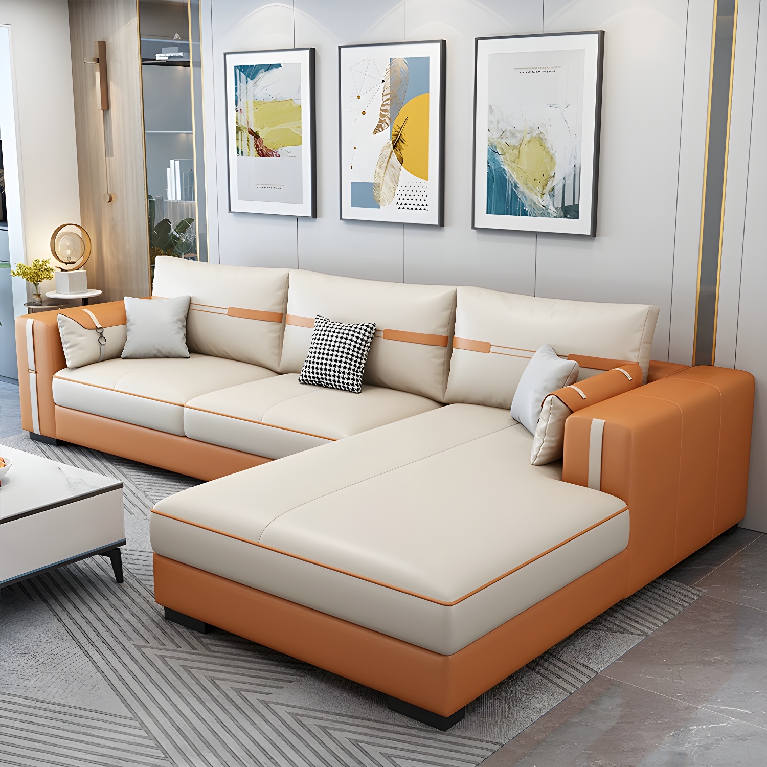 Scandinavian Wood Frame Beige Faux Leather Stationary Sectional Sofa with Cushion Back - image 3
