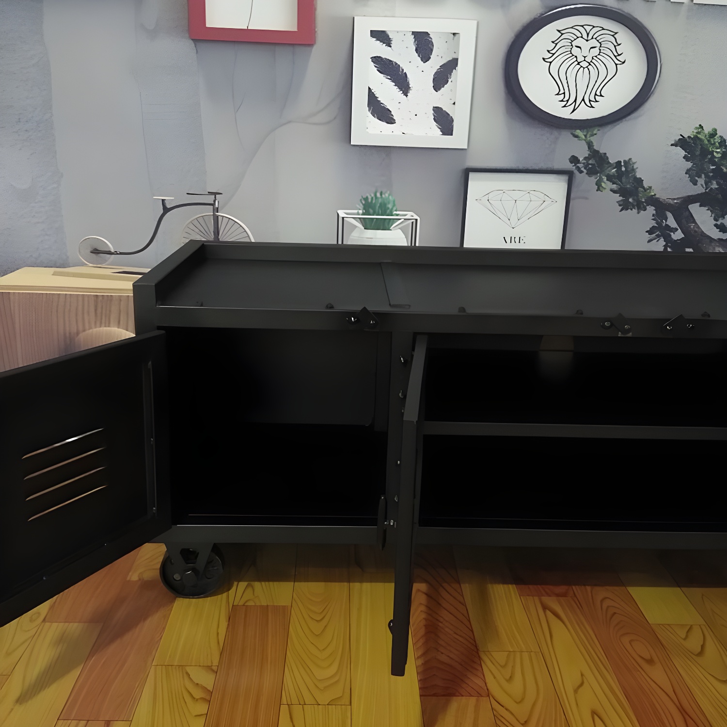 Metal Black TV Cabinet Industrial Style Home TV Stand Console with Casters - image 6