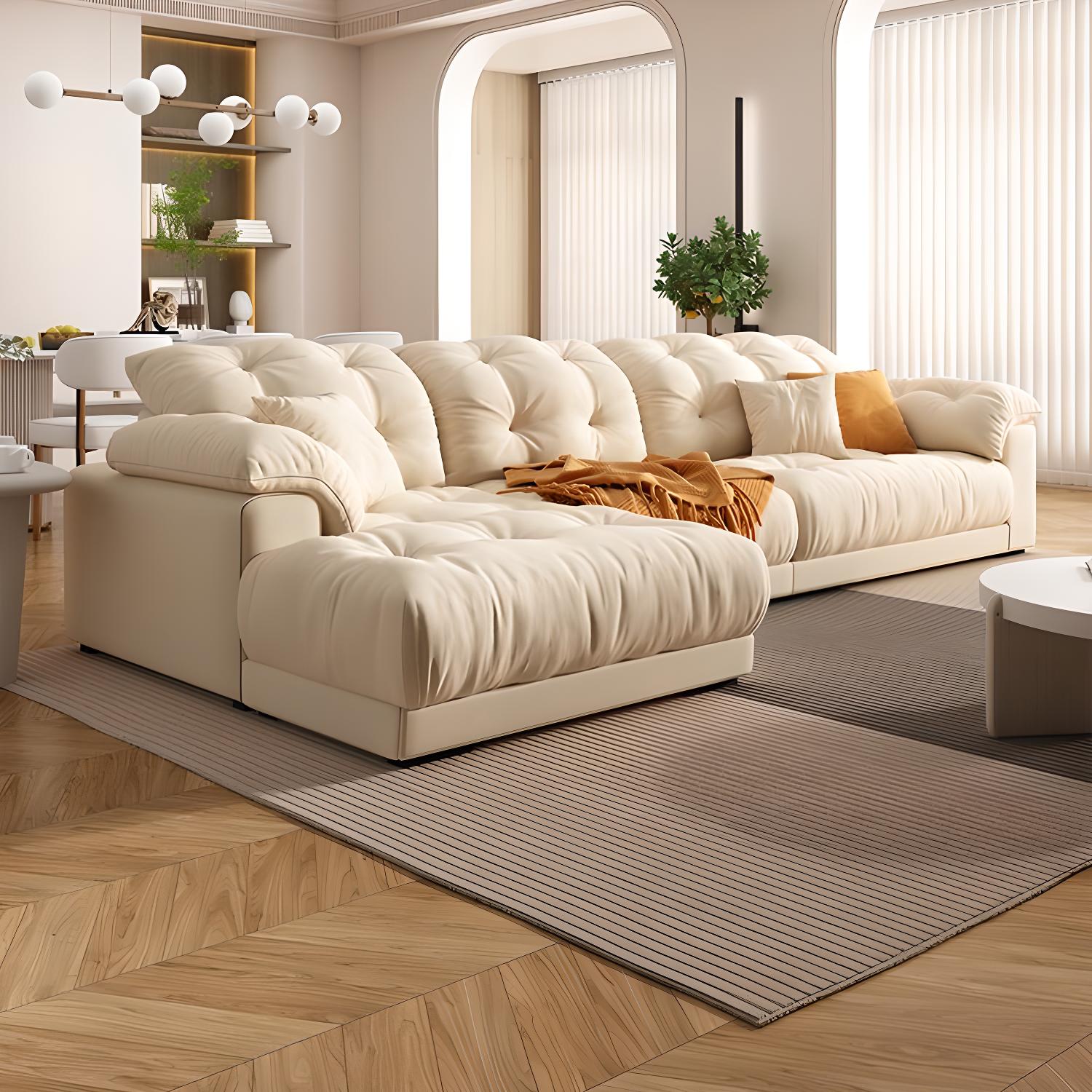 Modern Tufted Sectional Sofa in Off-White with Pillow Top Arm