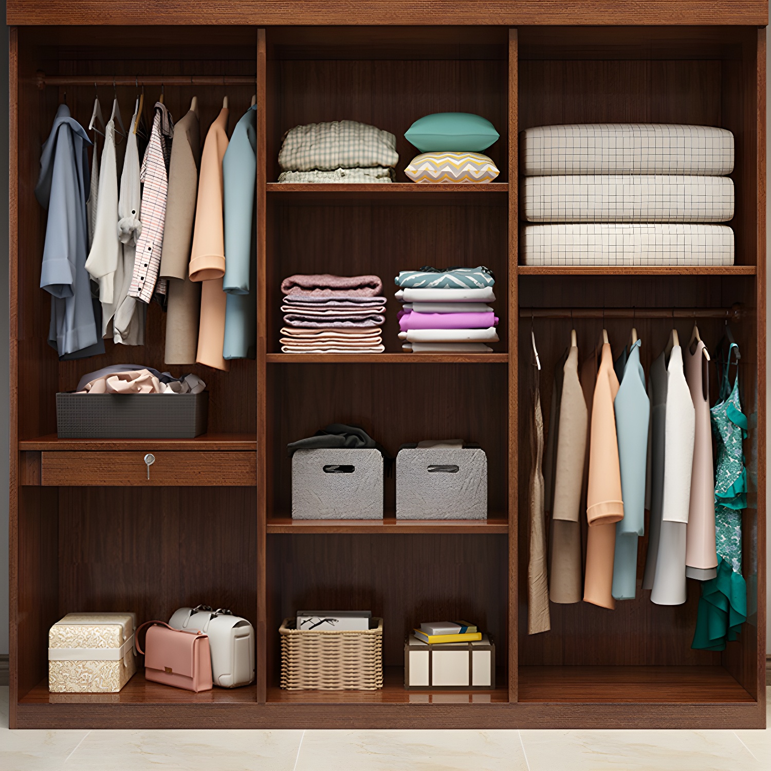 Brown Walnut Solid Wood Wardrobe Traditional Freestanding Wardrobe Armoire - image 4