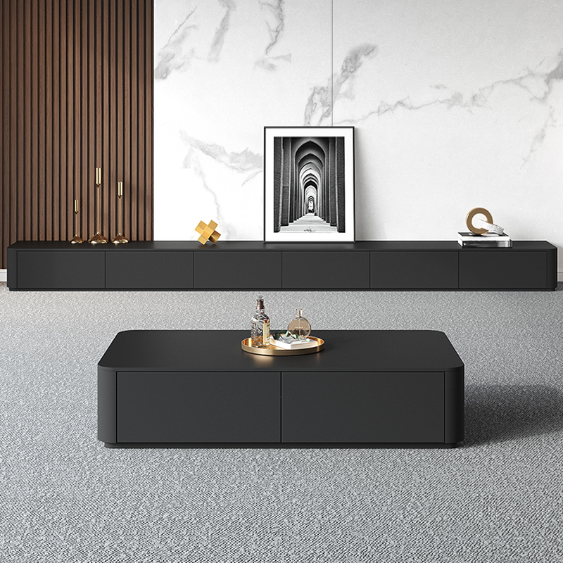 Black Contemporary Wood TV Stand with Shelf, 2 to 4 Drawers, 2 Cabinets, and Cable Management