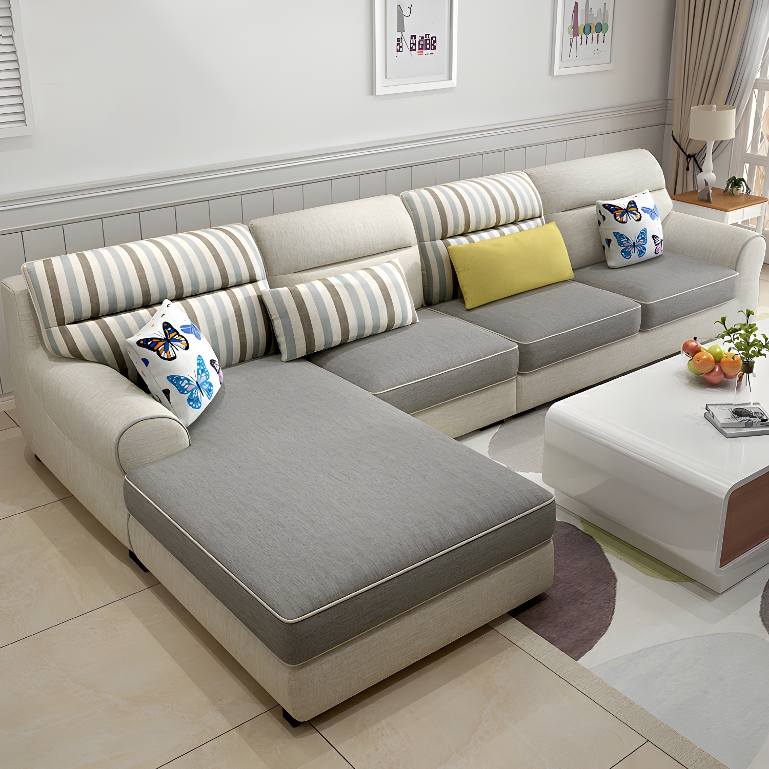 Large Modern L-Shape Stationary Wood Sectional Sofa with Round Arm and Cushion Back - image 4