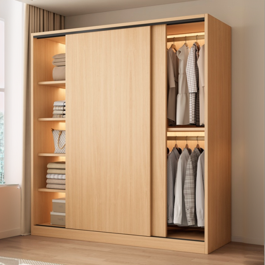 Wood Grain Minimalist Natural Wood Wardrobe Closet with Interior Shelves and Clothing Rod