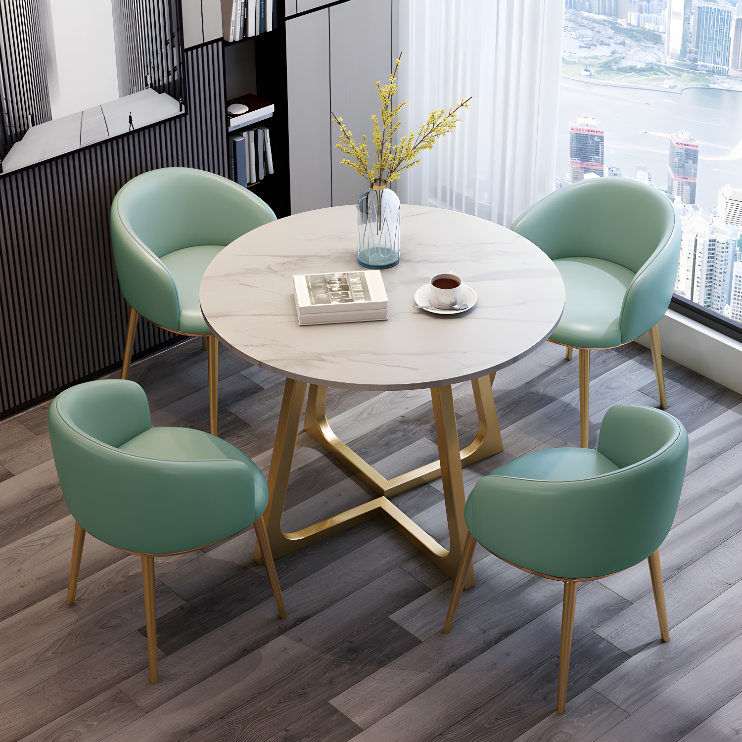 5-Piece Glam Dining Set Round White Table with Gold Metal Base and Upholstered Chairs