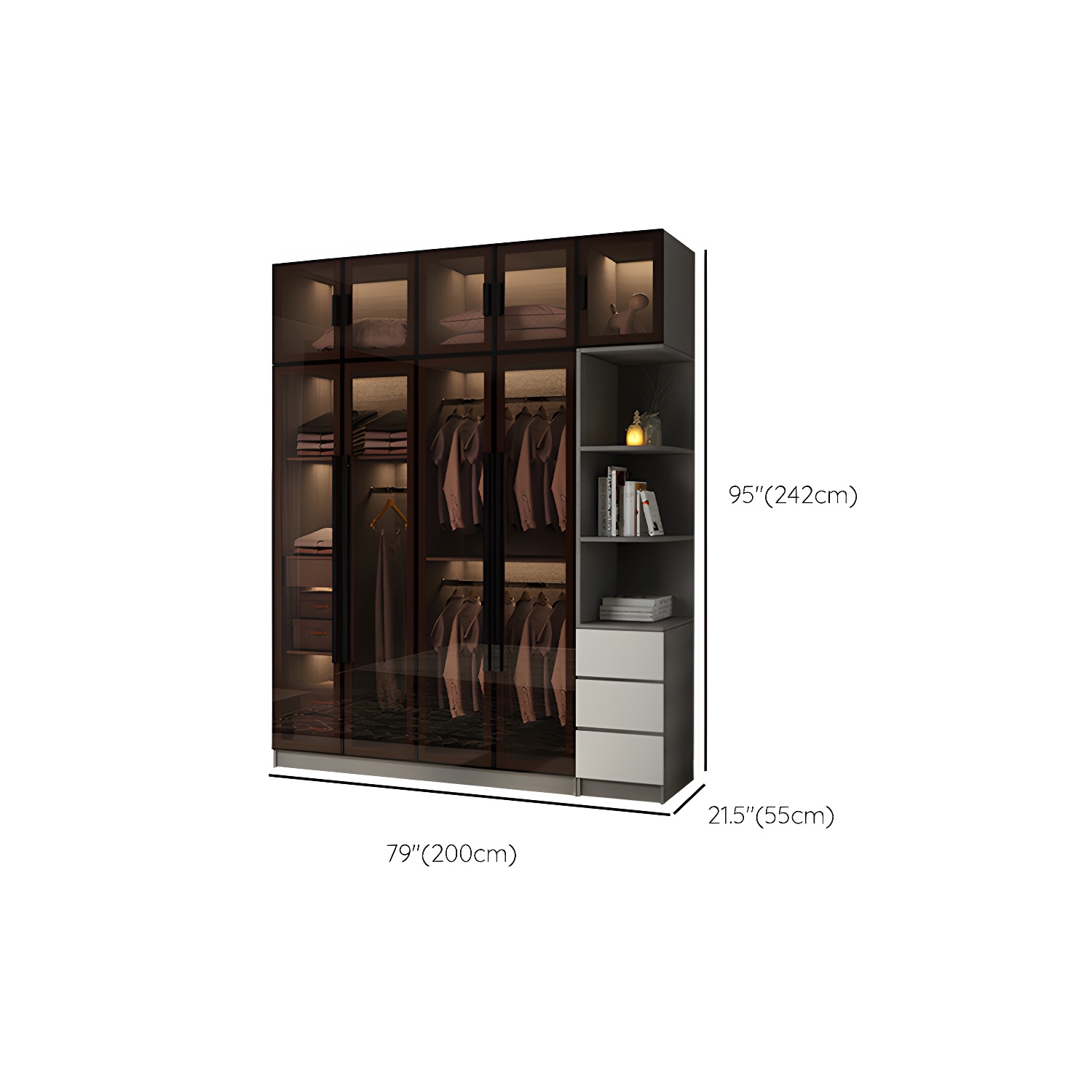 Modern Glass Hinged Doors Wardrobe Armoire Wood Frame Wardrobe with Shelves without Light - image 32