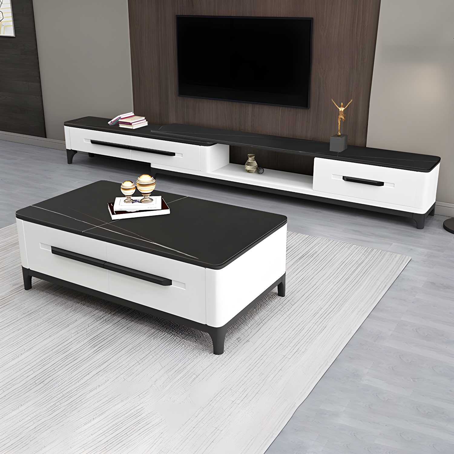 2 Drawers TV Console Modern Stone Media Console with Splayed Wooden Legs - image 5