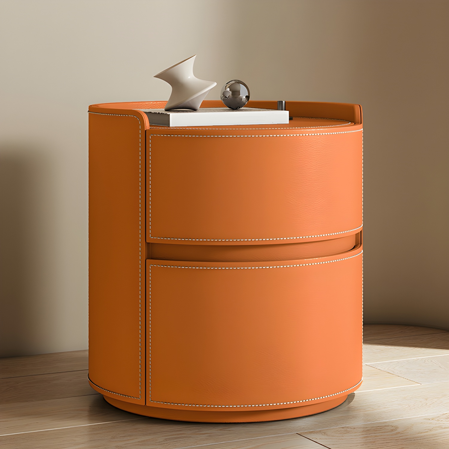 Modern Faux Leather Round Nightstand with 2 Drawers in Under 21 in. Narrow Size - image 7
